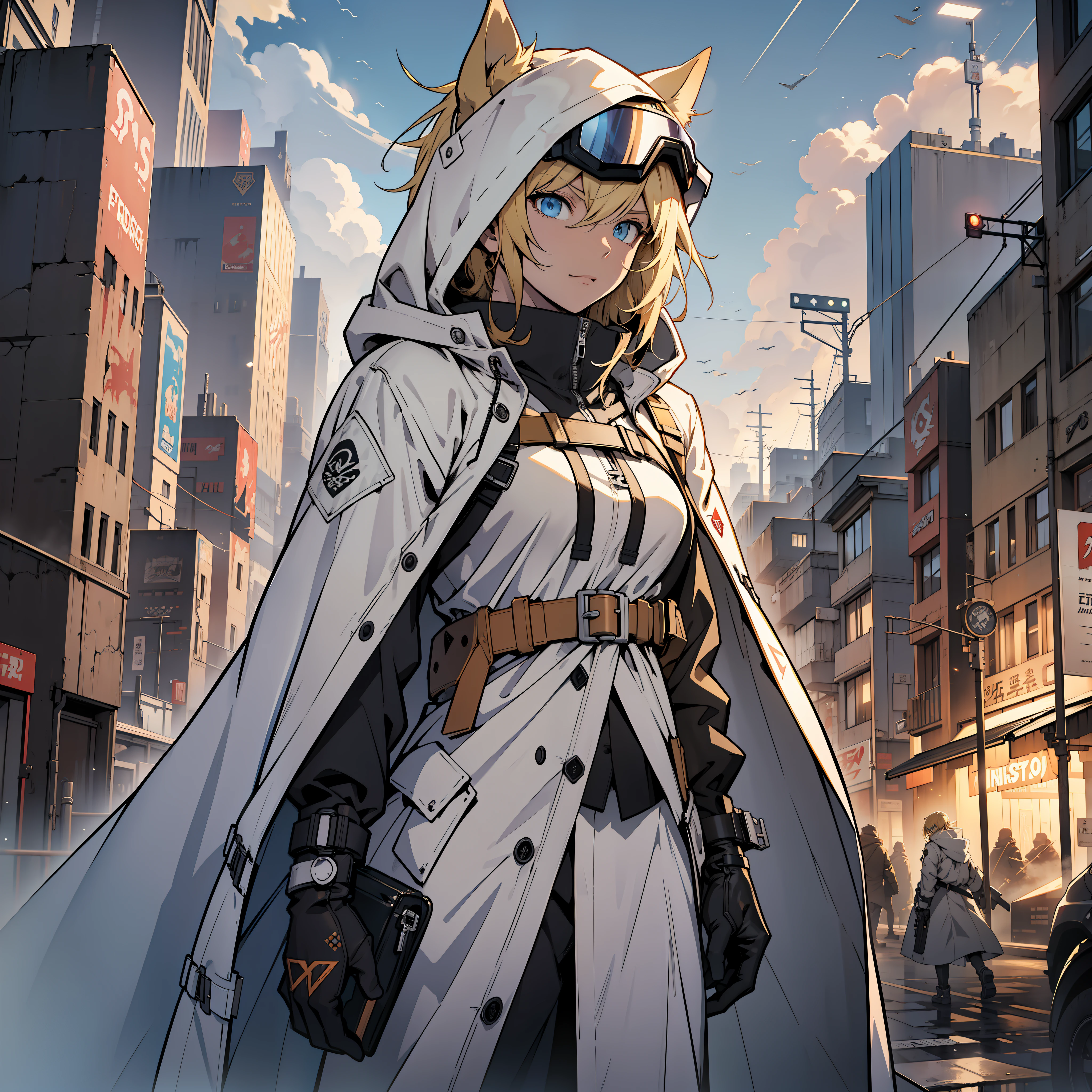 Noisy night city background, single, colorless translucent hooded trench coat, windproof goggles, blonde, gunman, horse ear, heroic royal sister, ark of tomorrow, best quality, high resolution, best quality, high quality, detailed key anime art, best anime --auto --s2