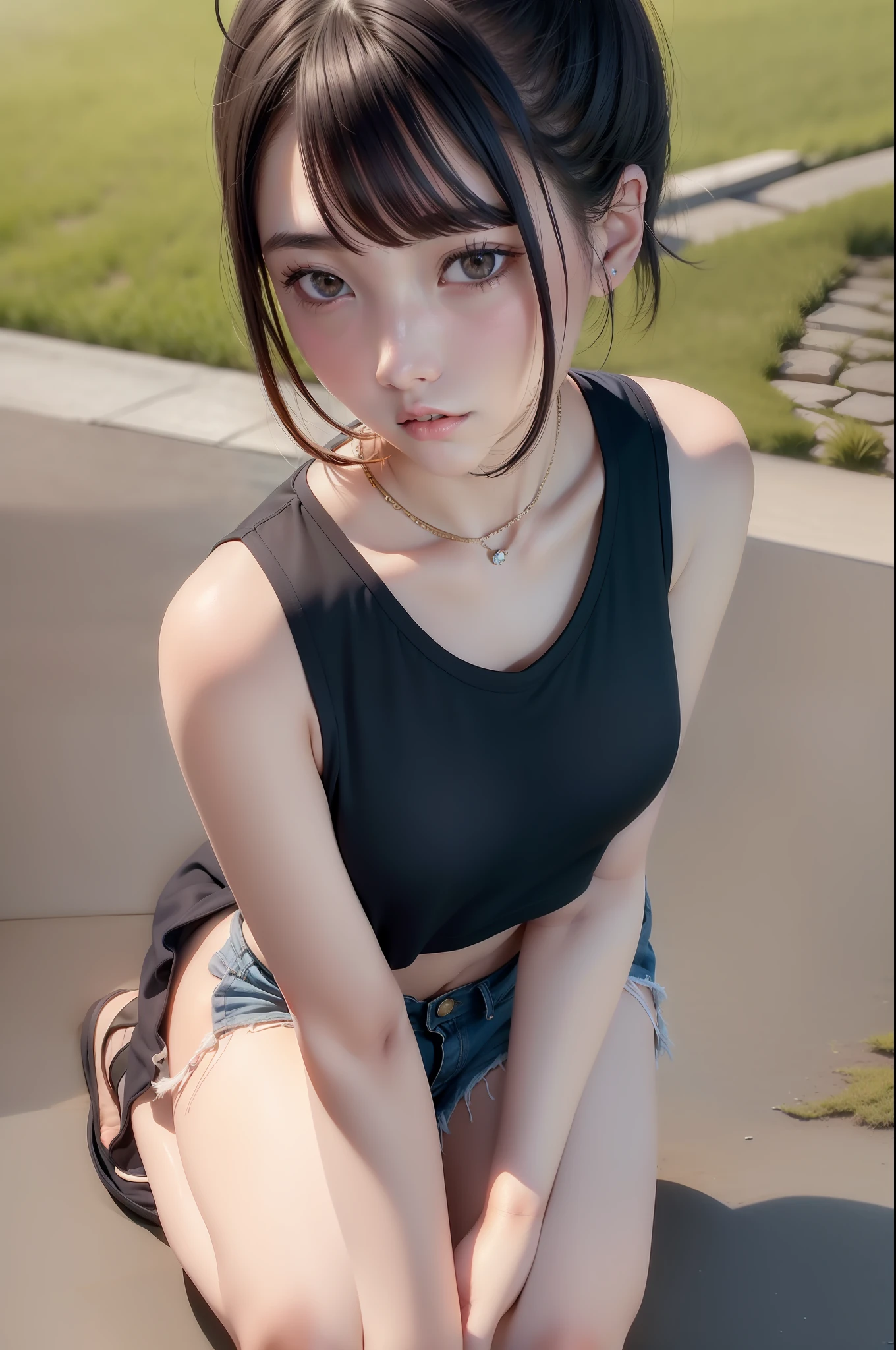 (Best quality, 8k, 32k, Masterpiece, UHD:1.2),Photo of Pretty Japanese woman,1gril,black short hair,l(eaning forward:1.2),squatting,(from above:1.3),pov, (loose t-shirt:1.1),(denim shorts:0.8),lace bra,necklace,small breasts,outdoors, sneakers,