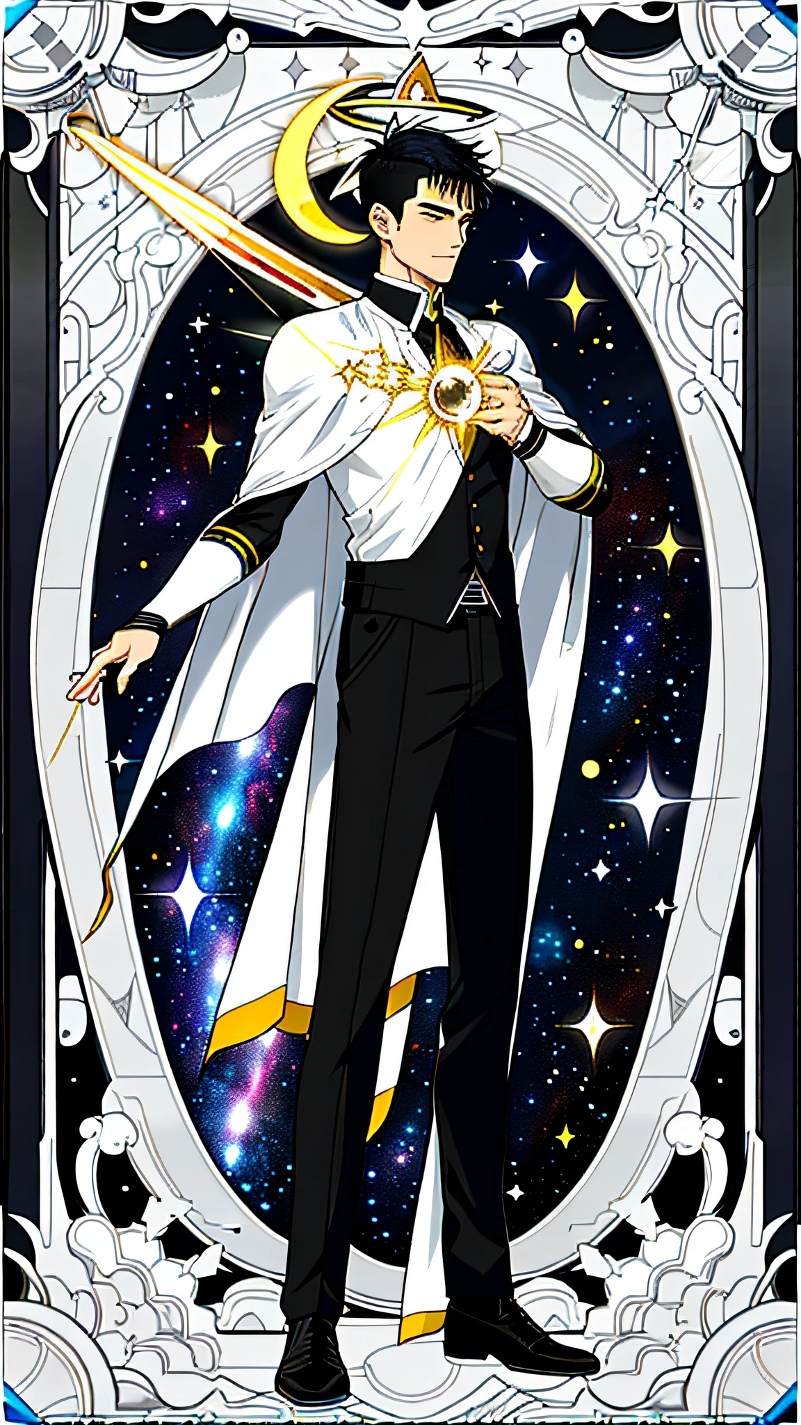 masterpiece, best quality, full body, card, 1 man, eclipse, space, galaxy, short hair, black hair,  brush cut, standing, black and white, sun, moon, white,  buzz cut, bara, muscle, god, divine, cape, halo, center, best pose, etherious, crystal,man, power, magic, hand using magic