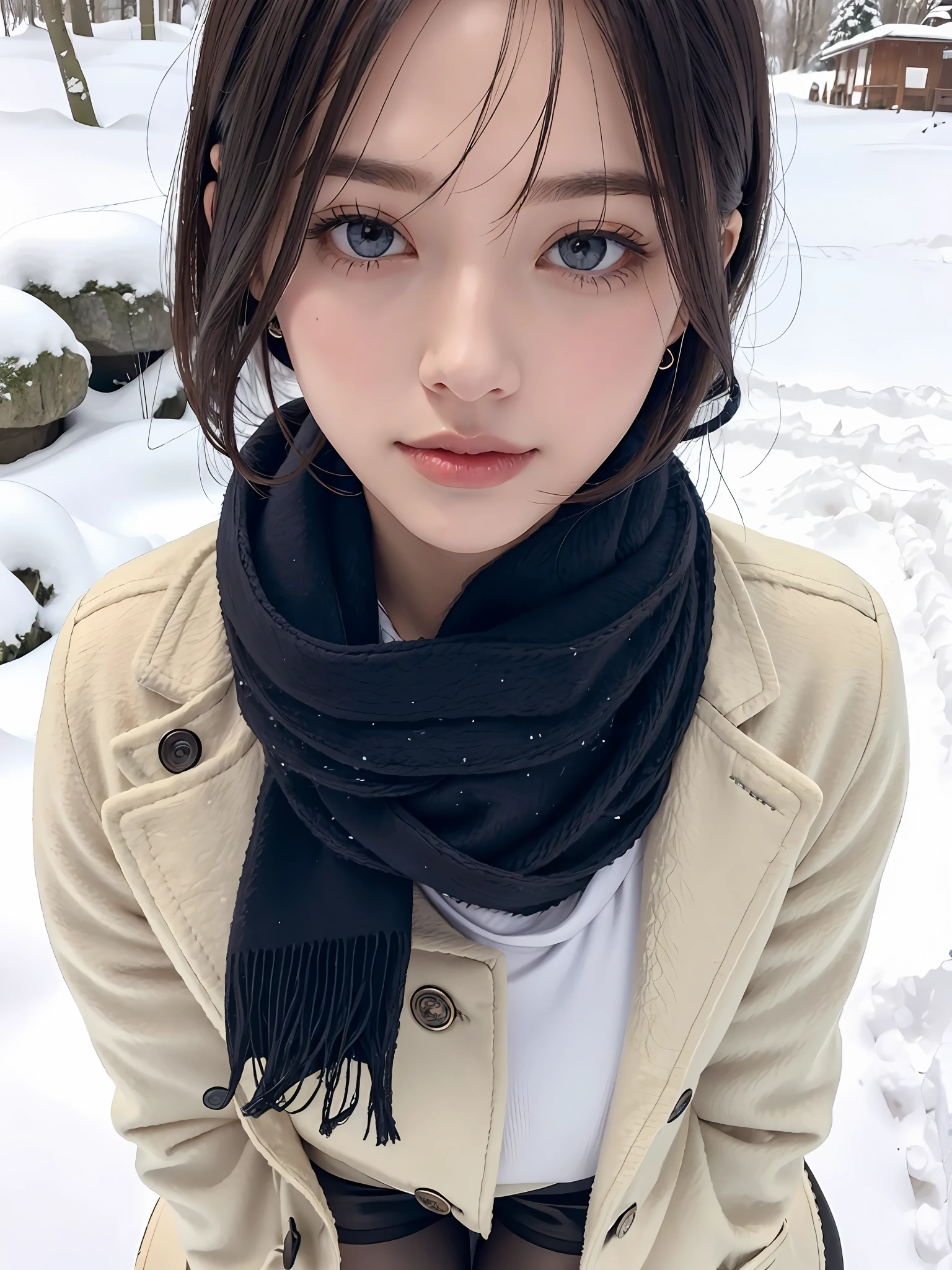 (Close-up: 1.4),
(RAW Photos: 1.2), (Photorealistic: 1.4), (Masterpiece: 1.3), (Best Quality: 1.4), Dreamy, (Detailed Eyes), (Detailed Facial Features), (Detailed Clothing Features), Skin Tightening, (Shiny Skin), (Slender Girl), (Slim Girl), 1 Girl, (Full Body)), Solo, Cute, Smry, (Middle Breast), Bangs, Straight Hair, Short hair, black hair, black eyes, crystal pendant, long blue scarf, white long wool coat, black thick pantyhose, brown snow boots, long neck