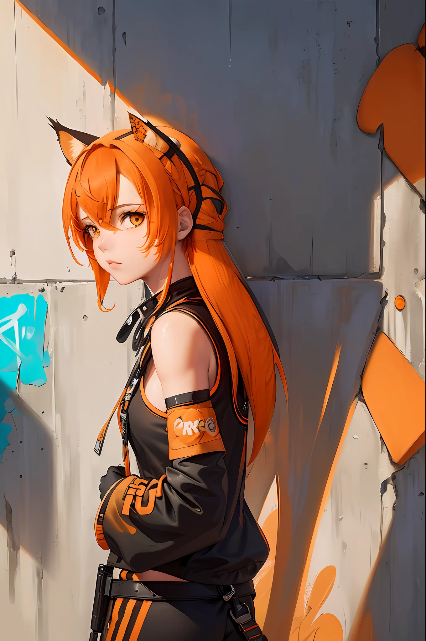 (Masterpiece: 1.2), best quality, (illustration: 1.2), (ultra-detailed), eye focus, (masterfully crafted brightness, pink lens brightness), (cinematic background), hyper details, (delicate detailed), (intricate details), octane render, hdr, (hyperdetailed: 1.15), (color))), (soft light: 1.2), 1girl, (lynx ears: 1.3), (lynx girl), (cat tail: 1.5), beautiful girl, ultra detailed eyes, mature, fat, thick, rainbow paint drops, ink teardrops, woman made of paint, entirely paint, splat, splash, (out), (bob cut: 1.5), (bright eyes: 1.2), ((makeup)), (cinematic masterpiece), fierce, powerful, absolutely attractive splashes of color, (cinematic headlight), (realistic lighting of heels: 1.2), ((caustic)), dynamic angle, beautiful detailed brightness, ambient occlusion, ambient light, raytraced reflections, (better lighting, an extremely delicate and beautiful light), ((cinematic light)), (soft: 2), (whimsical:2) , intricate, vibrant, dreamscape, (graffiti painting:1.3), (bright tail), (painted cityscape), (urban),(realistic urban fashion), (expressive:1.2), fitness, athletic, (mirrored world), (long black hair, fluid:1.1), wavy, voluminous and messy hair, (orange hair highlights), bright headphones, beanie, (graphite wall), unfinished graphite, ghetto,(looking at the wall:2), black hood, (back wall present),(holding spraycan:1.3), (colored mist), buckles, belts, straps, a girl in front of a graffiti wall, cyberpunk art, (by LAM), Mika Pikazo, graffiti, techwear jacket, black gloves, with buckle and duct tape, (orange hair:2), no shirt, orange pants glued together, arms open, legs open, showing lots of skin