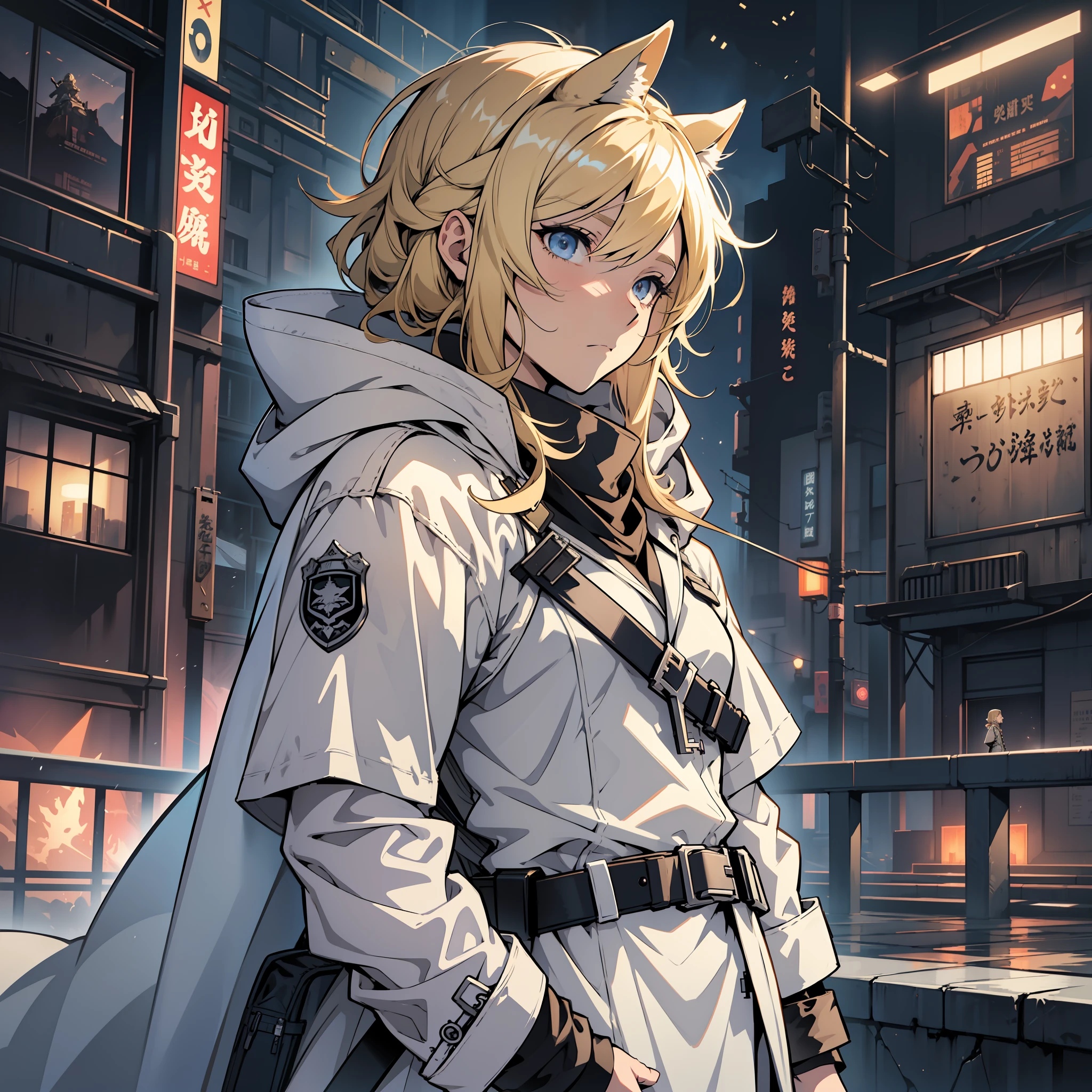 Sad dark night city background, white translucent hooded trench coat, blonde, ranger, horse ear, spirited girl, ark of tomorrow, best quality, high resolution, best quality, high quality, detailed key anime art, best anime, ryuzaki いち --auto --s2
