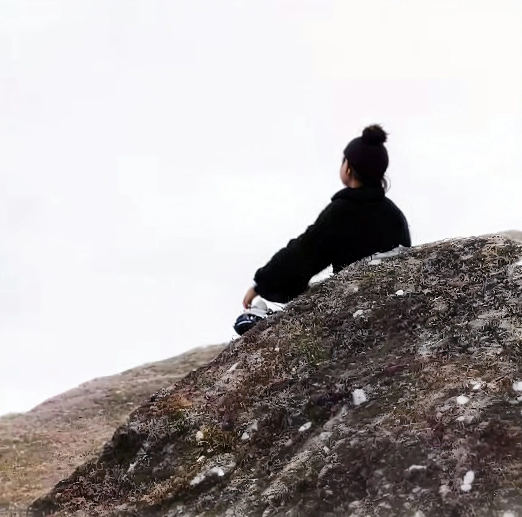 there is a woman sitting on a rock with a snowboard, sitting on a rock, on a rock, girl dancing on cliff, sitting cutely on a mountain, girl walking on cliff, sitting on rocks, sitting on the edge, at the top of a mountain, on top of a mountain, climbing up a cliffside, on a cliff