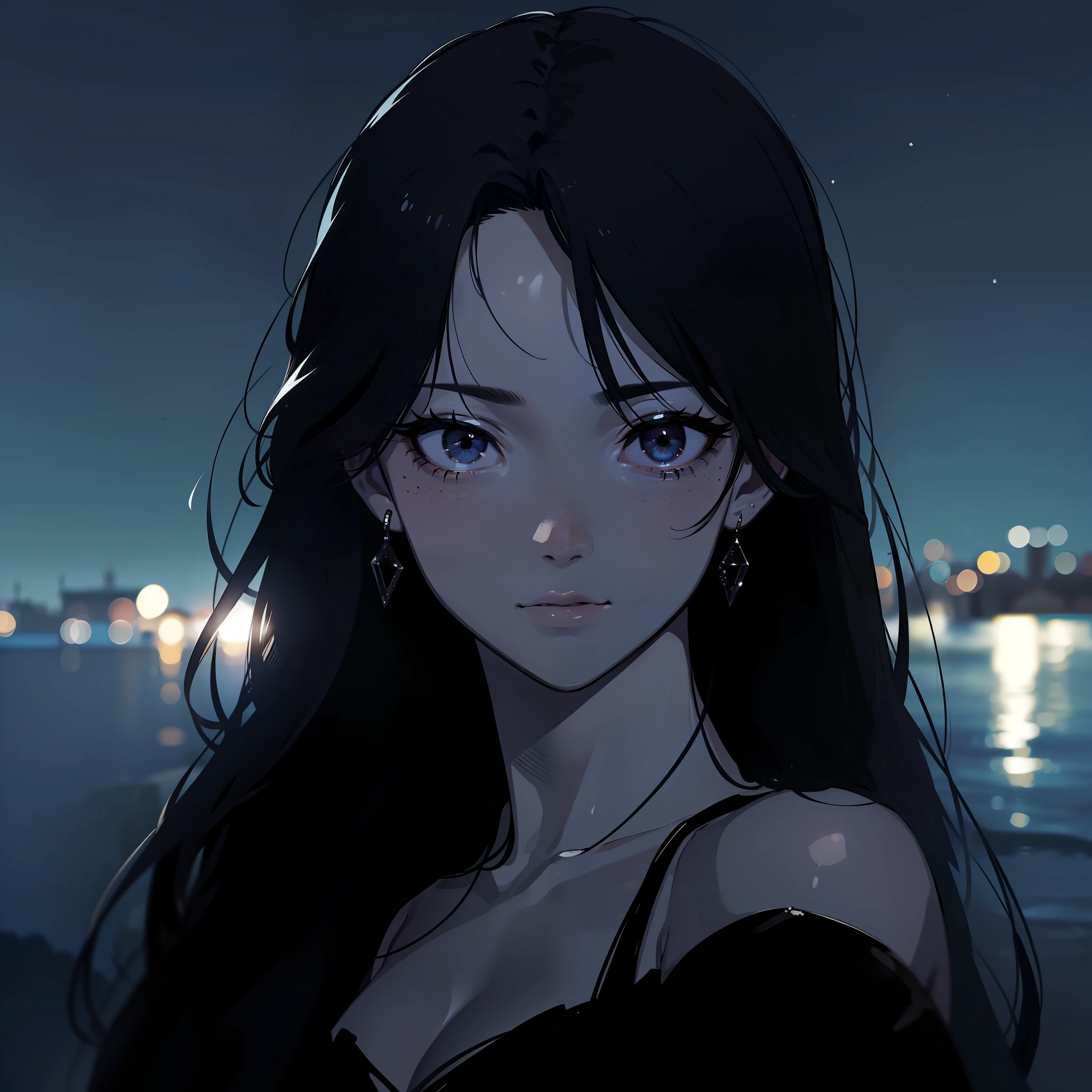 black eyes, (black eyes), black hair, jewelry, silver cord, slightly tanned skin, freckles on the face, small eyes