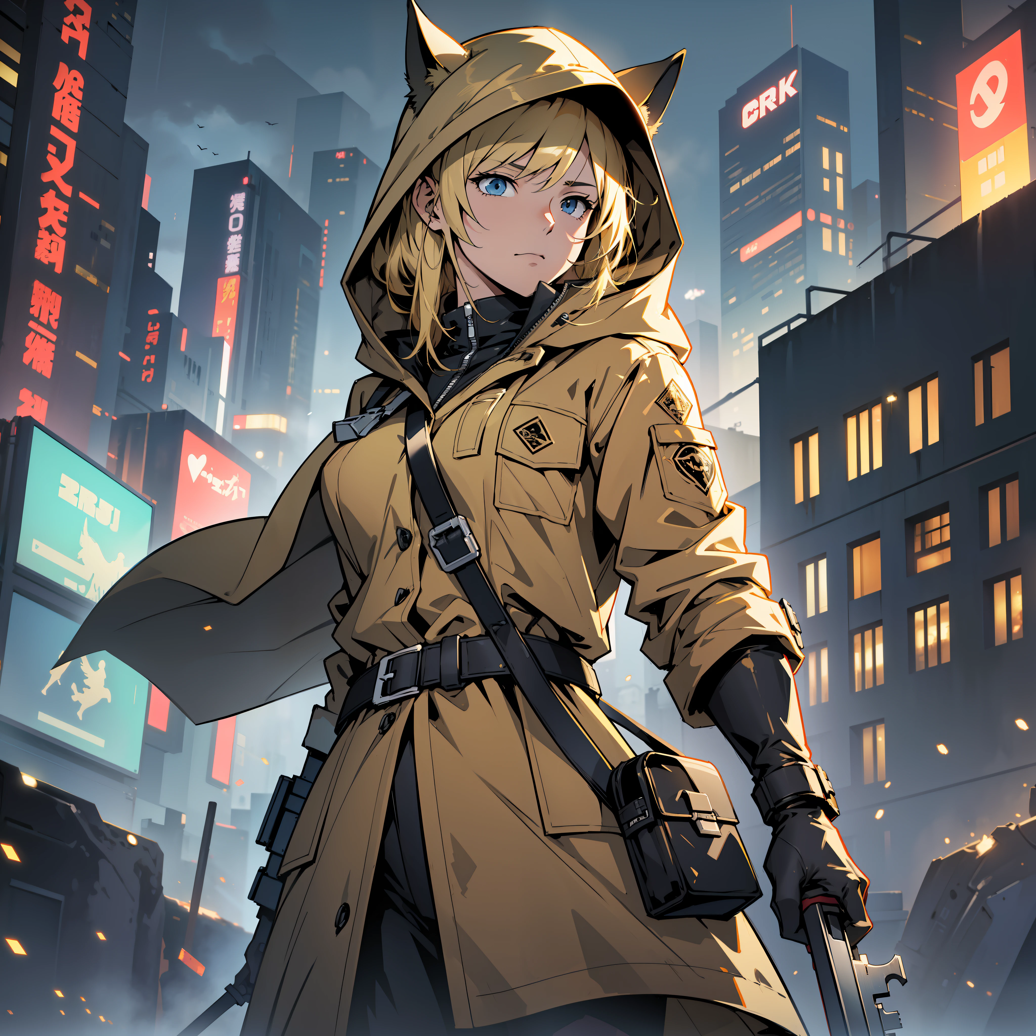 Sad dark night city background, translucent hooded trench coat, blonde, golden gunman, horse ear, spirited girl, ark of tomorrow, best quality, high resolution, best quality, high quality, detailed key anime art, best anime, 8k, best picture quality --auto --s2