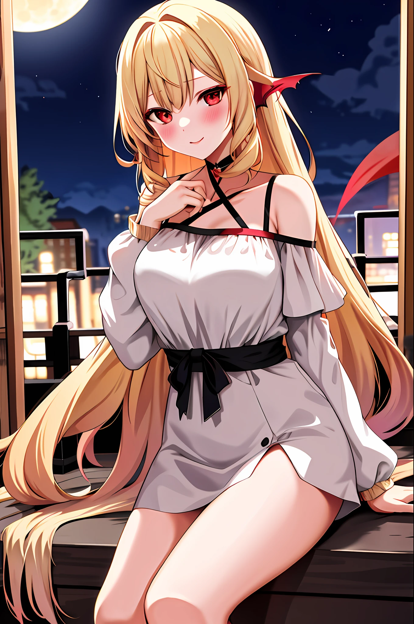 Blonde, red eyes, vampire girl alone, moon on background, sexy, blush, off-shoulder