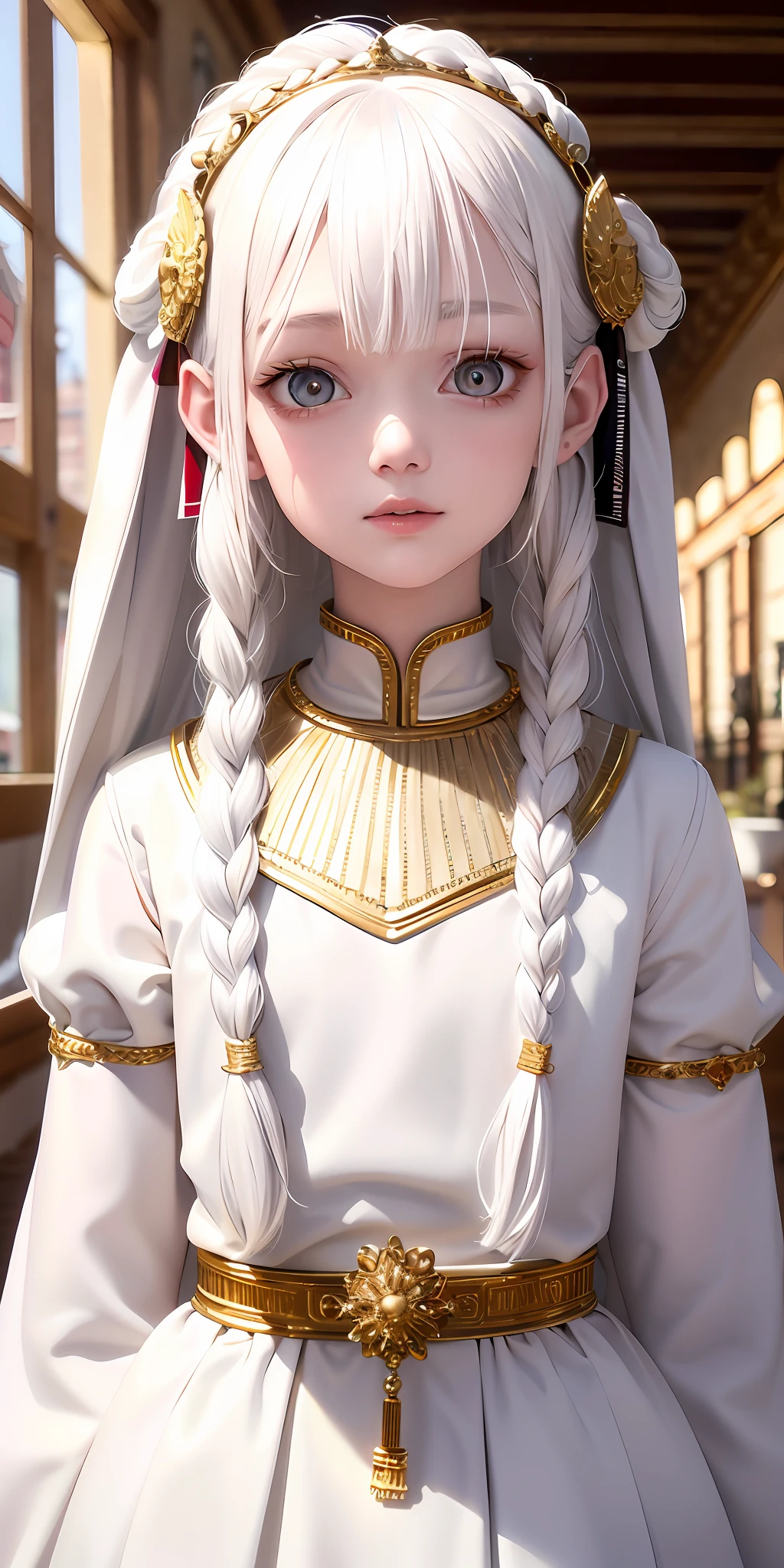 best quality, masterpiece,white hair, gold eyes,white clothes, looking up, upper body,hair strand,Fair skin,side braids
