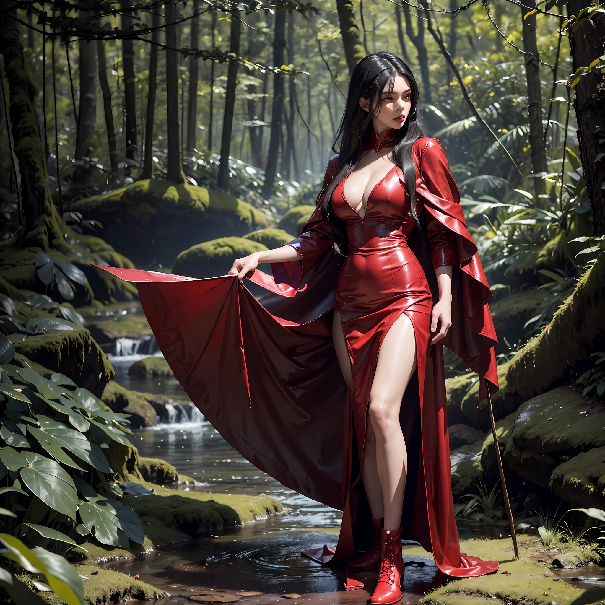 a sexy witch, magical forest setting, magical powers setting, red clothes, full body shot, photorealistic, (hi-top fade:1.3), full body shot, seductive close-up shot, sexy, tight wet clothes, long hair soothing tones, muted colors, high contrast, (natural skin texture, hyperrealism, soft light, sharp),