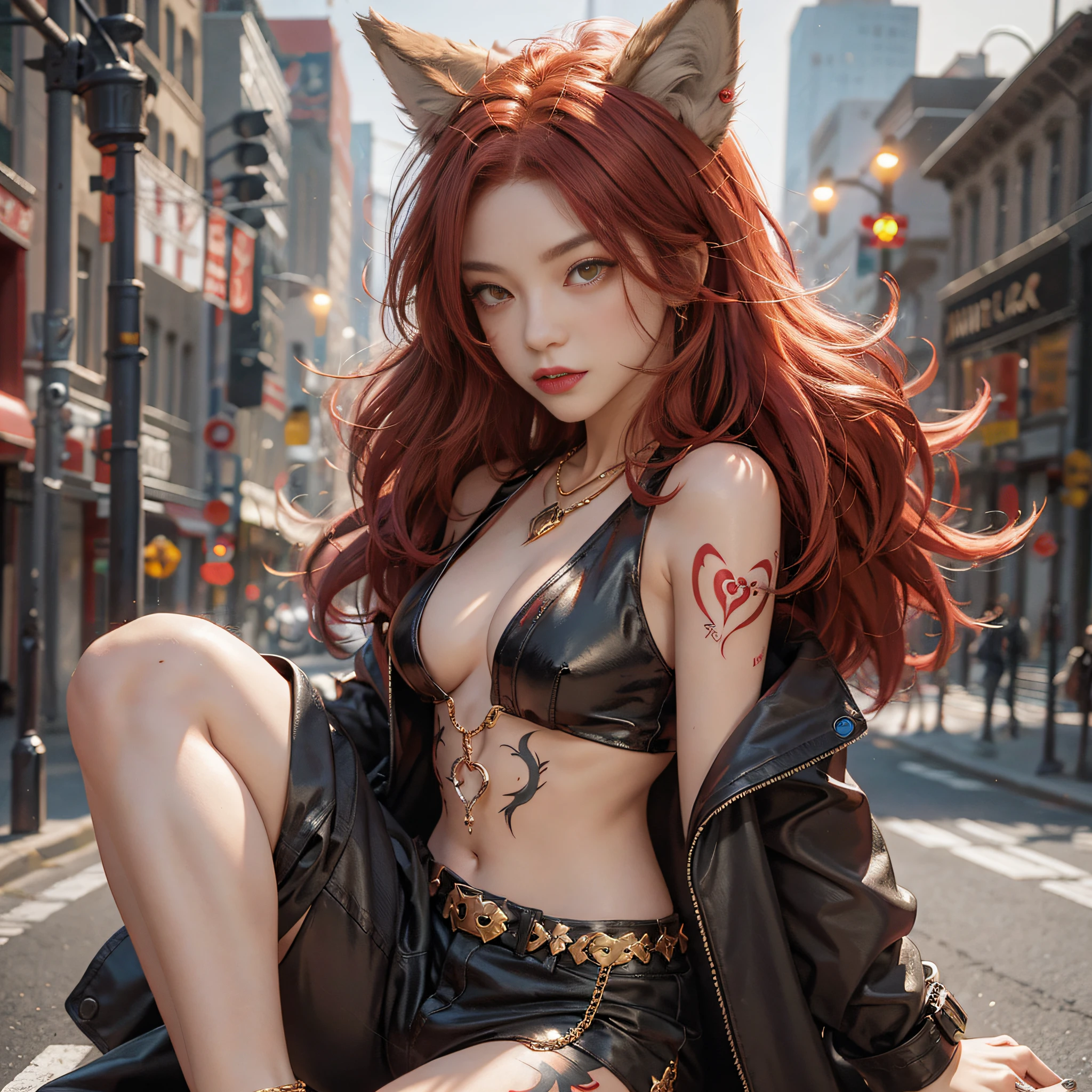 Wolf girl, red hair, wolf tail, wolf ears, necklace, anklet, tattoo, young, trench coat, golden eyes, fangs, bracelet, street, muscle