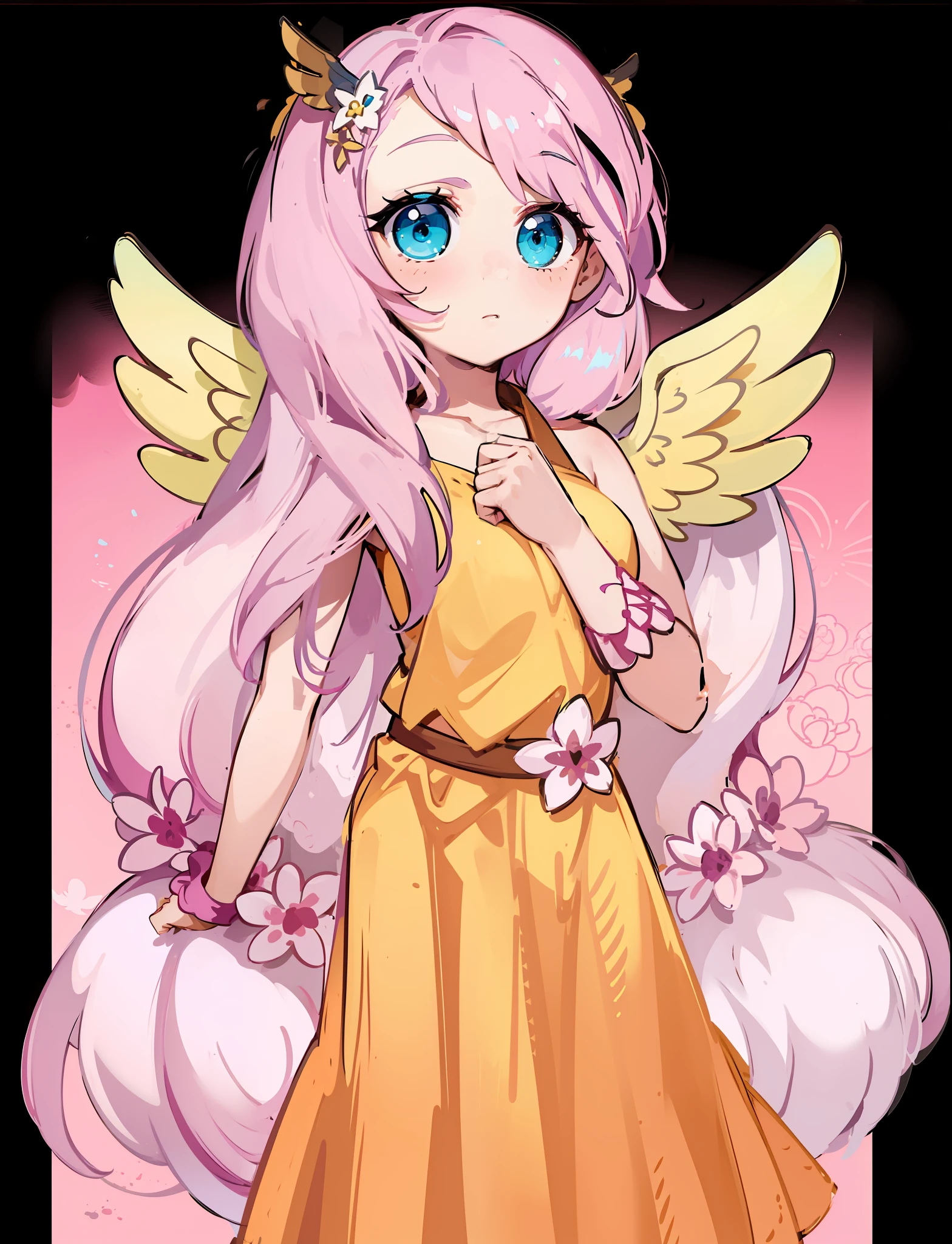 1girl, pink hair, turquoise eyes, yellow wings, bird wings, shy expression