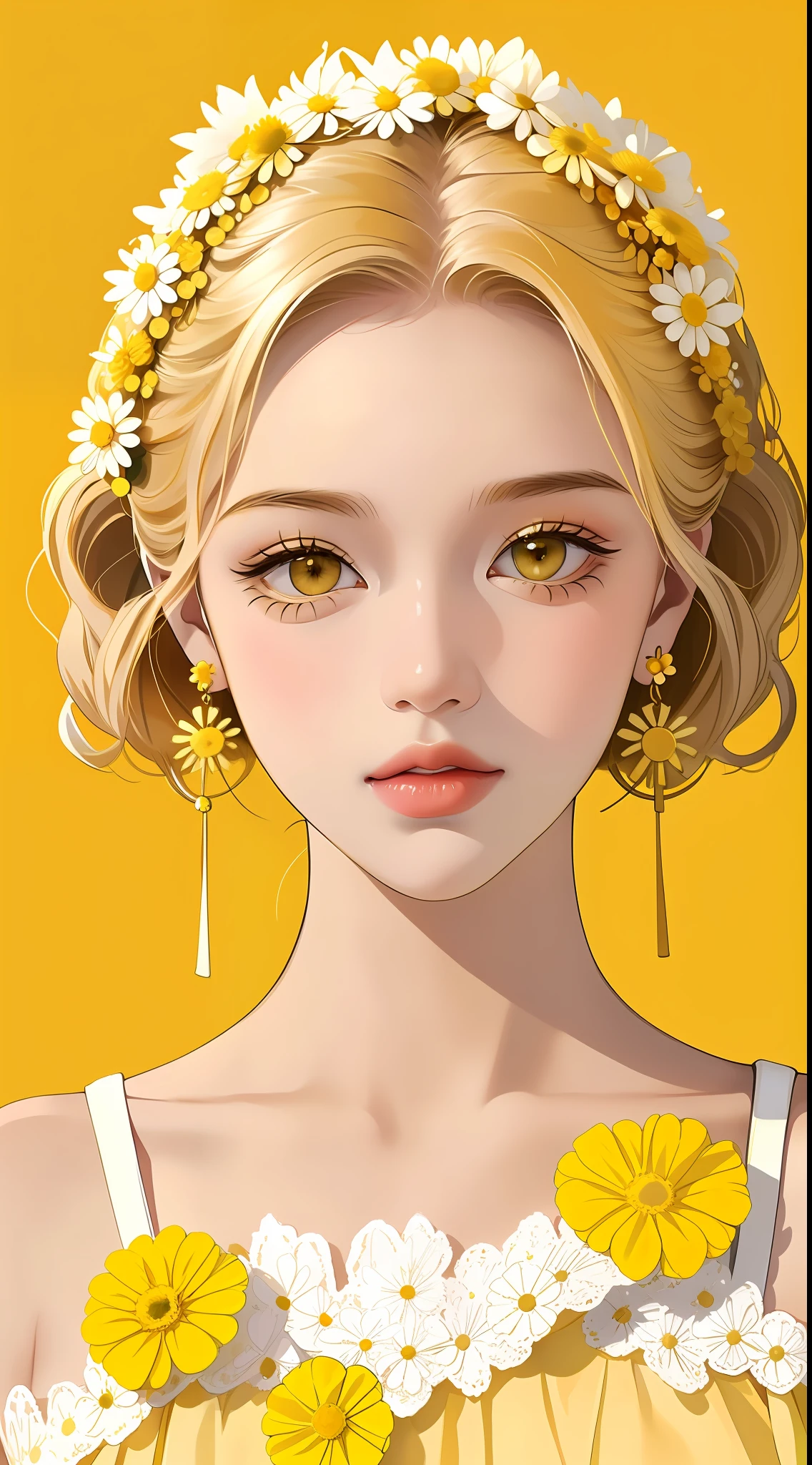 Highest quality, masterpiece, a girl, short yellow hair, slightly curly hair, yellow earrings, collar, (yellow and white clothing), (delicate hair portrayal), (delicate yellow eye portrayal), (delicate facial features), solo, (small daisies), portrait depiction, solid color background, brokenness