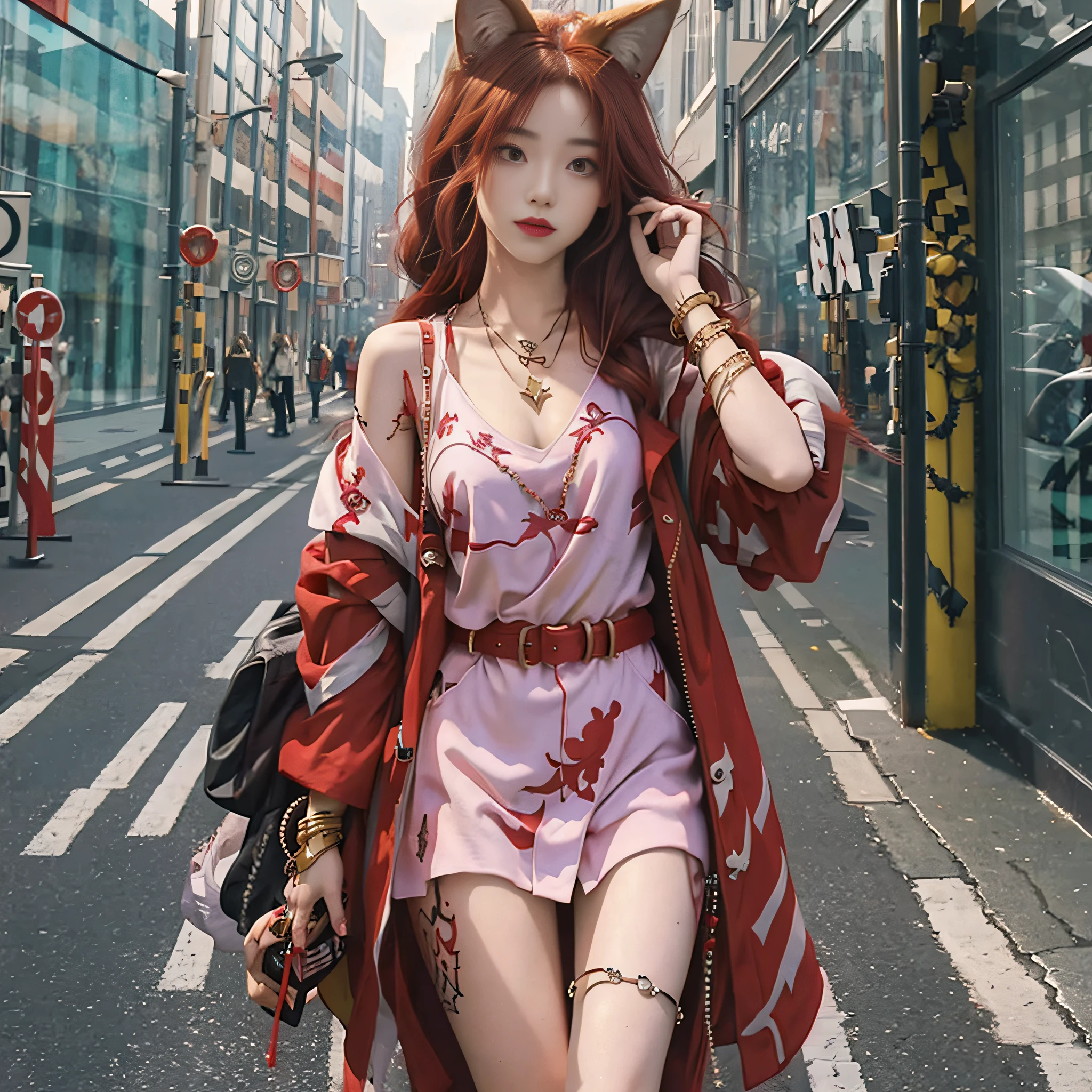 Wolf girl, red hair, wolf tail, wolf ears, necklace, anklet, tattoo, young, trench coat, golden eyes, fangs, bracelet, street