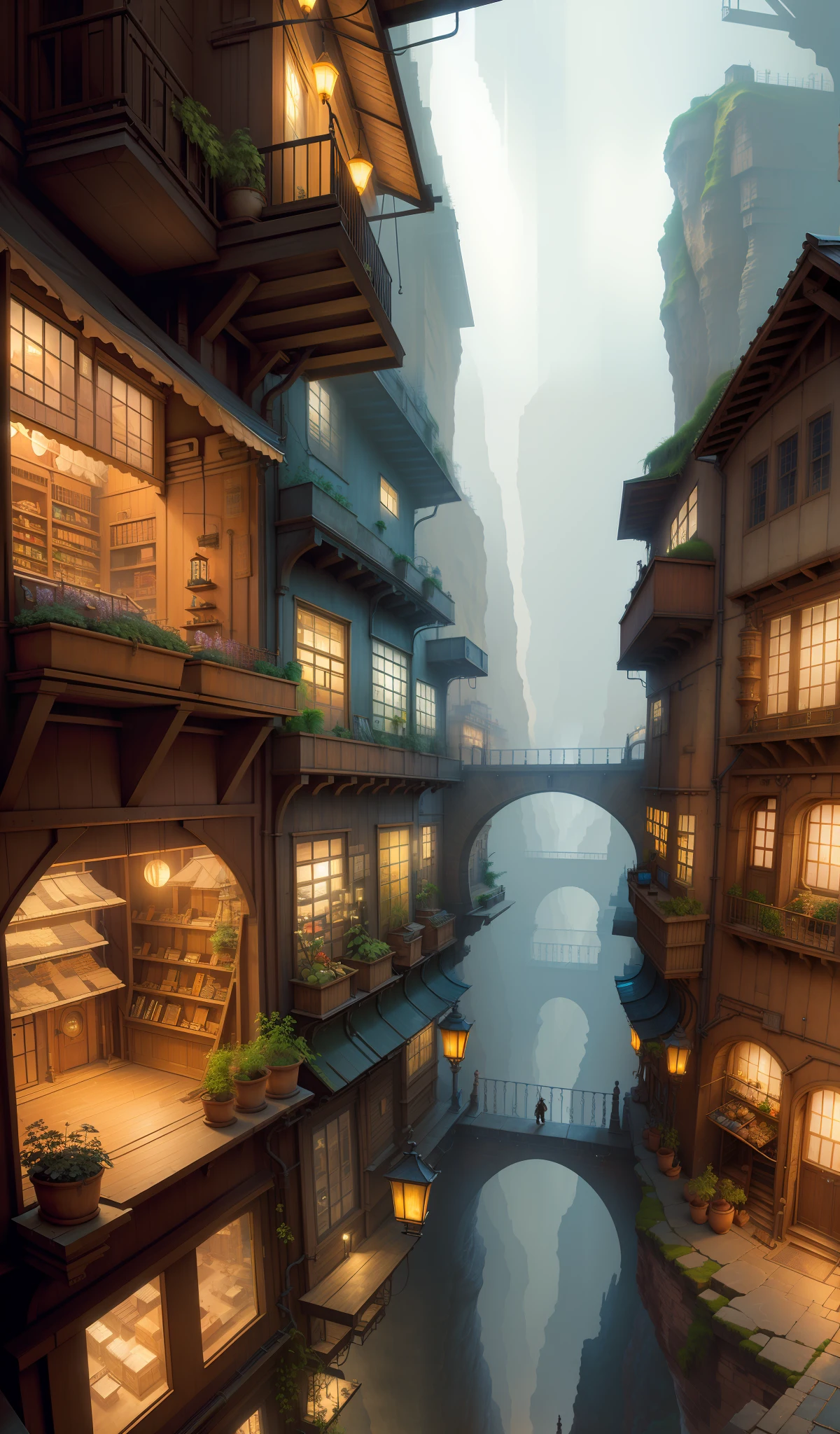 ((masterpiece)),((best quality)),((high detial)),((realistic,)) Industrial age city, deep canyons in the middle, architectural streets, bazaars, Bridges, rainy days, steampunk, European architecture