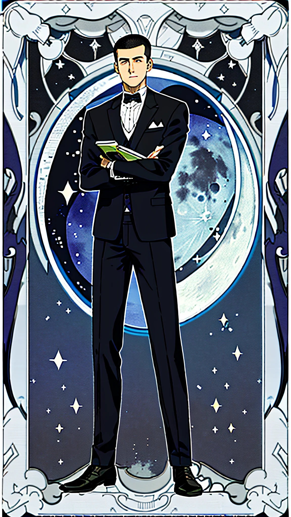 masterpiece, best quality, full body, card, 1 man, the moon, calm, clever, short hair, black hair, brush cut, standing, blue, night sky, purple, book, pen, buzz cut, black suit, royal, gentle, man, center, best pose