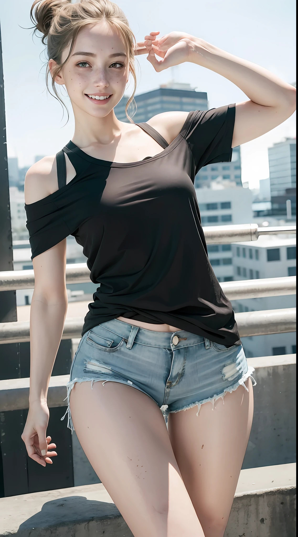 Raw photo, candid, textured skin, (dynamic pose), 1girl, slender body, pale skin, messy bun, heterochromia, freckles, smiling, off-shoulder tee, gym shorts, thick thighs, (wide thigh gap:1.2), rooftop, photorealistic, best quality, 8k, masterpiece