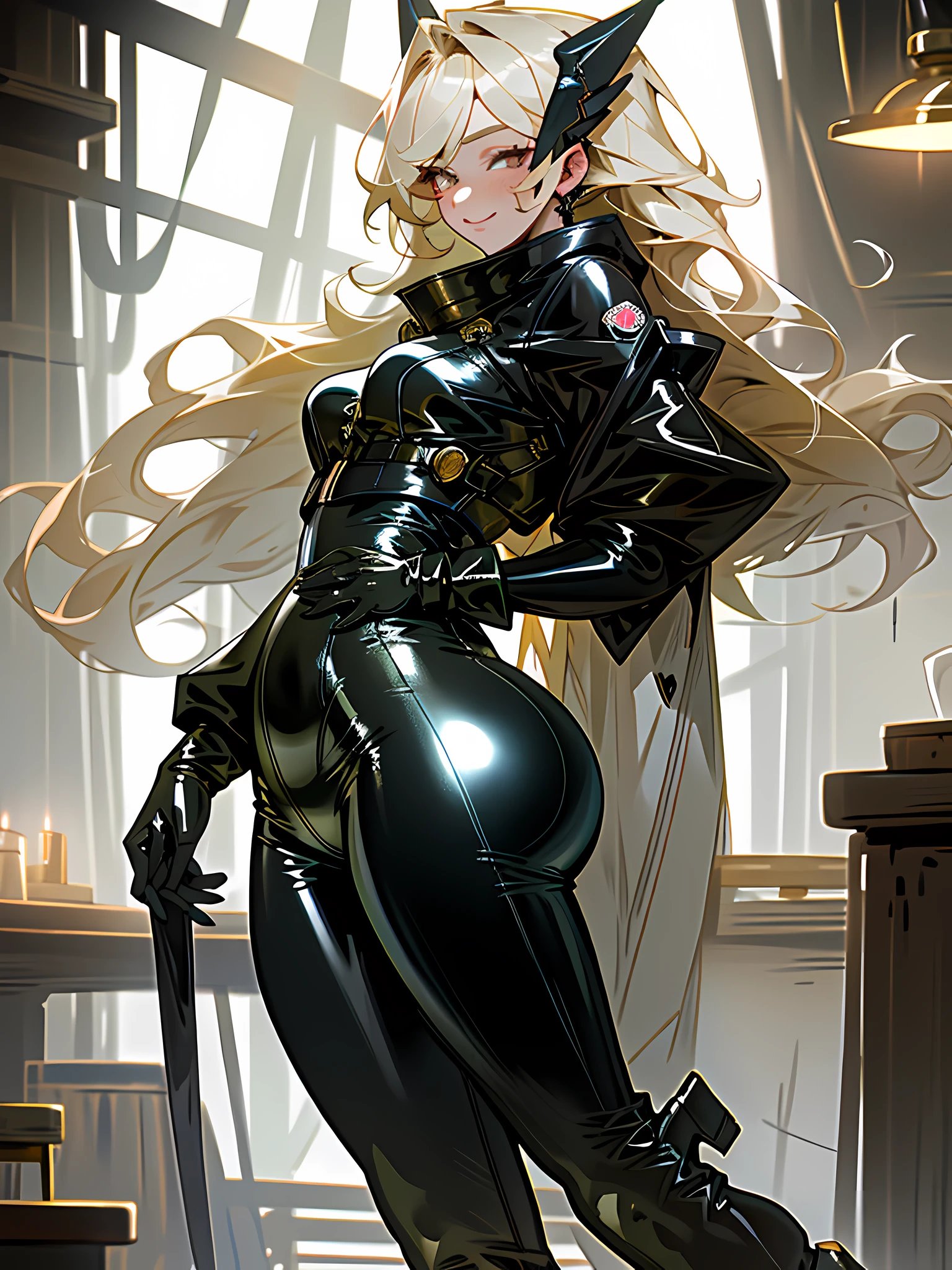 a young girl，beauty，tight latex clothing，masterpiece，busty breasts，plump buttocks，blonde messy long hair，girlish，shiny eyes，bright smile，slim，shiny high heels，panoramic，focus on lower body，leather gloves，straight nose，in the dark torture room，beautiful girl，Sexy，sense of reality,8k，high definition，high quality，