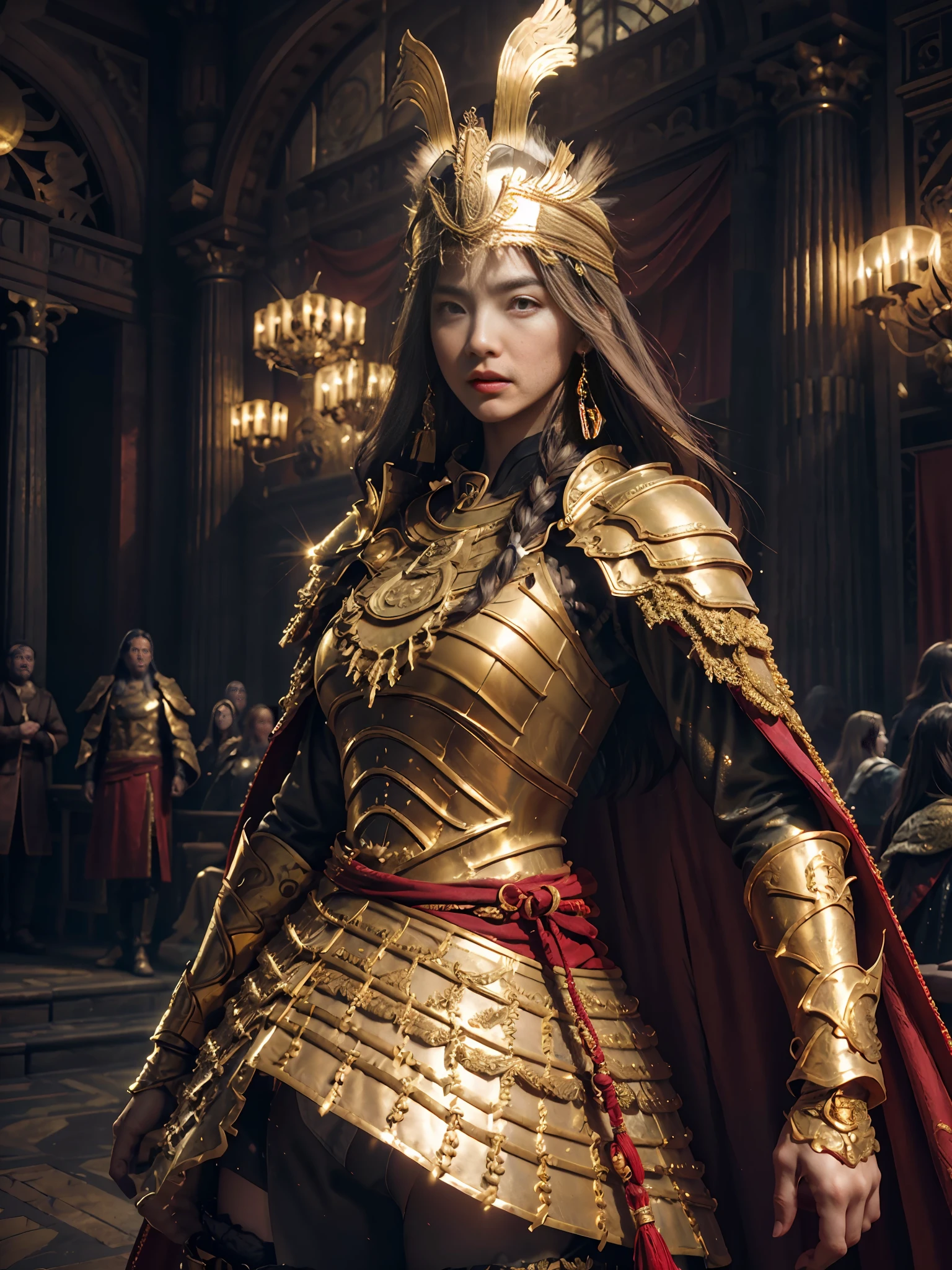 extremely beautiful girl, subtle makeup, golden hour, photorealistic, high contrast, 8k HD, detailed, hyper-detailed, realistic skin texture, long dark hair, big chest best quality, ultra high res, raw photo, dramatic lighting, unreal engine, intricate diffuse glow and golden abus, red cape, king's hall, standing