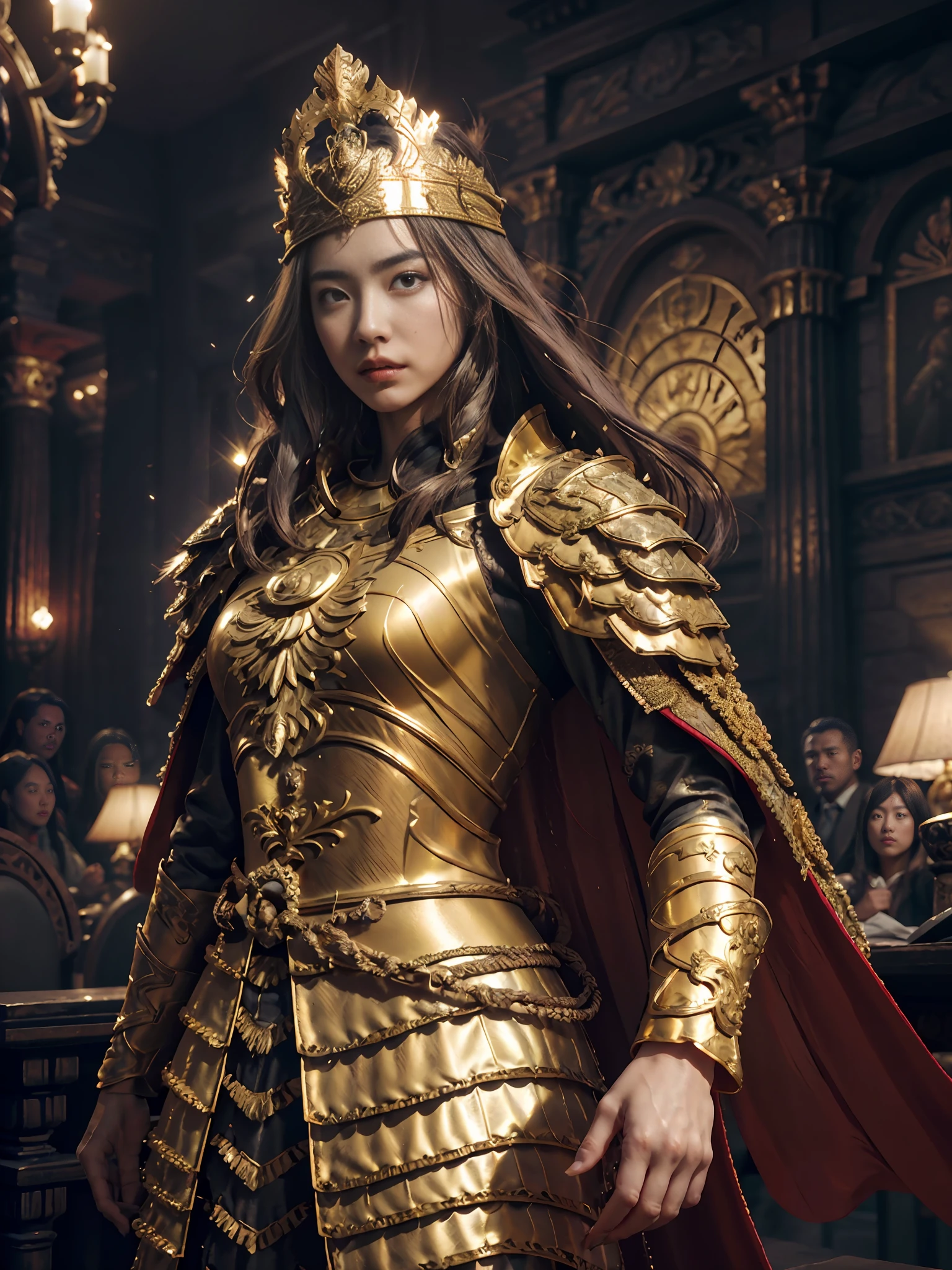 extremely beautiful girl, subtle makeup, golden hour, photorealistic, high contrast, 8k HD, detailed, hyper-detailed, realistic skin texture, long dark hair, big chest best quality, ultra high res, raw photo, dramatic lighting, unreal engine, intricate diffuse glow and golden abus, red cape, king's hall, standing