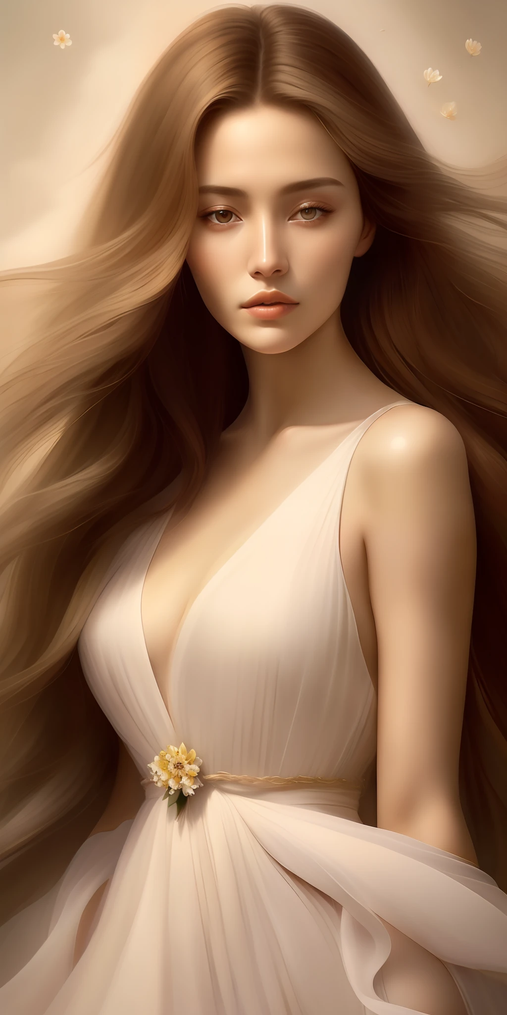 painting of a woman with long brown hair and a flower in her hair, detailed hair foggy, wlop glossy skin, ealistic shaded perfect face, ethereal vaporous tan skin, glowing flowing hair, long glowing ethereal hair, lblsck hair, stylized portrait h 640, realistic shaded perfect face, sultry expression, detailed sensual face, detailed realistic face