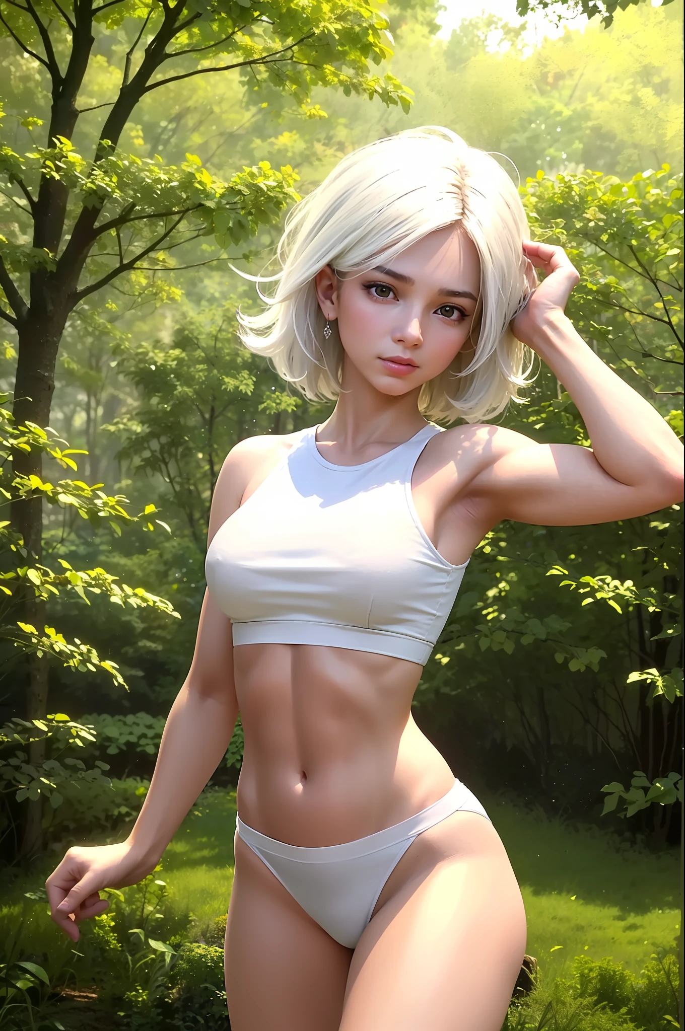 ((Realistic lighting, Best quality, 8K, Masterpiece: 1.3)), Clear focus: 1.2, 1girl, Perfect Figure: 1.4, Slim Abs: 1.1, ((white hair)), (White crop top: 1.4), (Outdoor, Night: 1.1), forest, Super fine face, Fine eyes, Double eyelids,