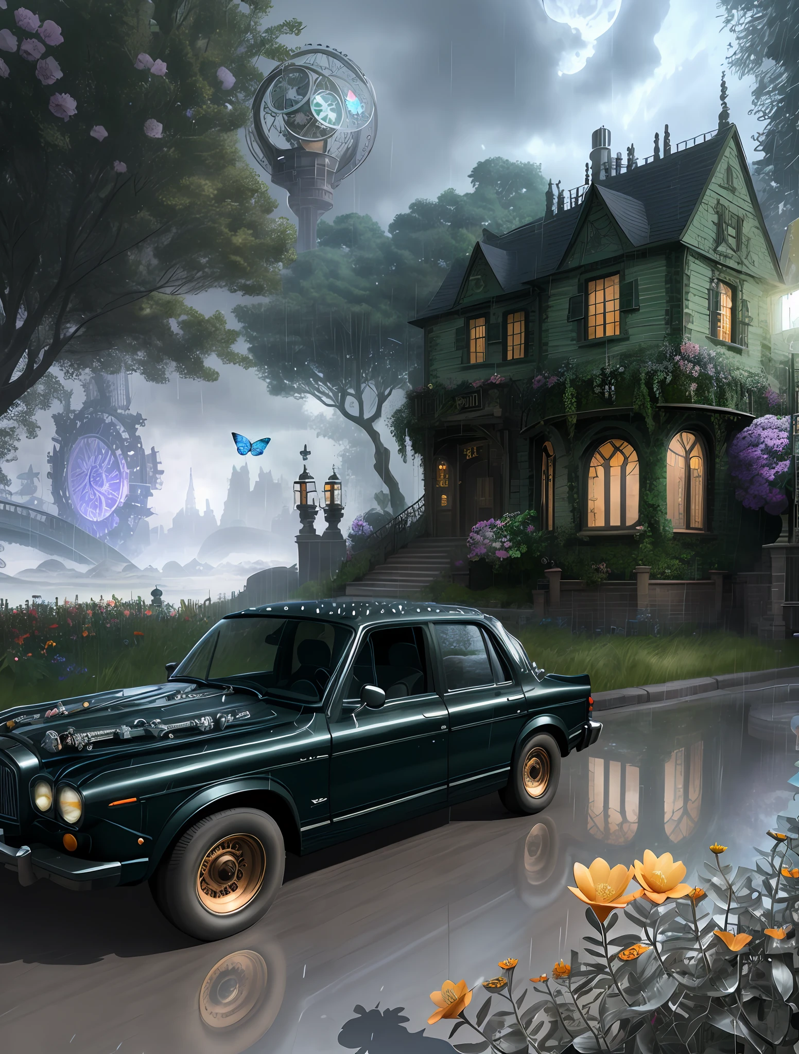 steampunk gasoline motor engine inside fantasy garden with flowers, pop surrealism, neo-dada, spectacular, spectacle, masterpiece, 3d render, bright colors, oversaturated, depth, spirals, fibonacci sequences, shells, wings, butterflies, flowers, surreal environment, fractals geometry, rain drops, rococo, bracelets, punk rock, grime, dingey, specular highlights, reflections, ambient occlusion render, detailed,armature, detailed, elaborate, complex, cars, stormy sky, moonlight