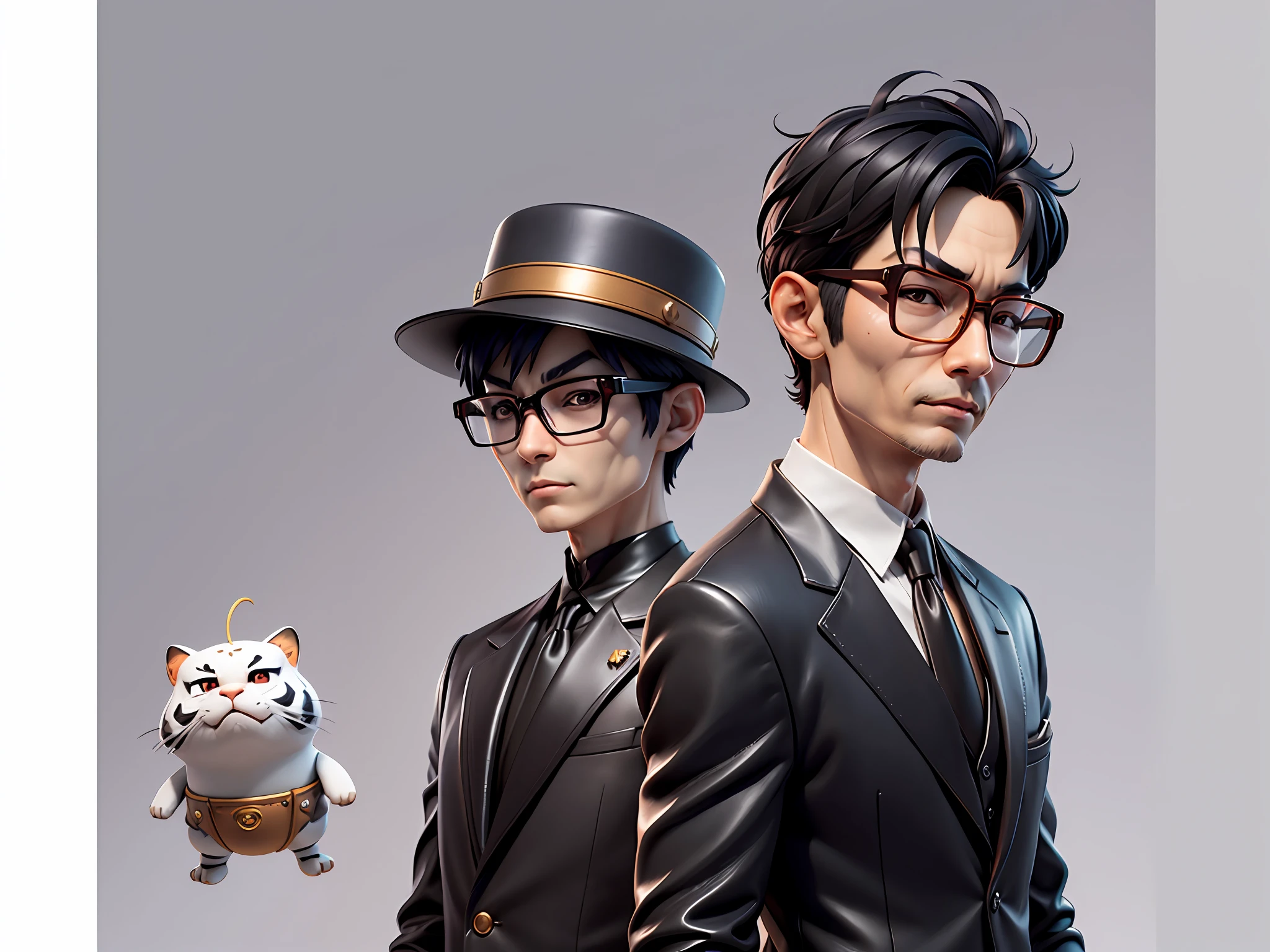 Young man with oriental face in leather hat, tiger, oriental face in formal suit, short black hair, silver glasses, digital painting, 3D character design by Mark Clairedon and Pixar and Hayao Miyazaki and Akira Toriyama, the illustration is a high-definition illustration in 4K resolution with very detailed facial features and cartoon-style visuals.