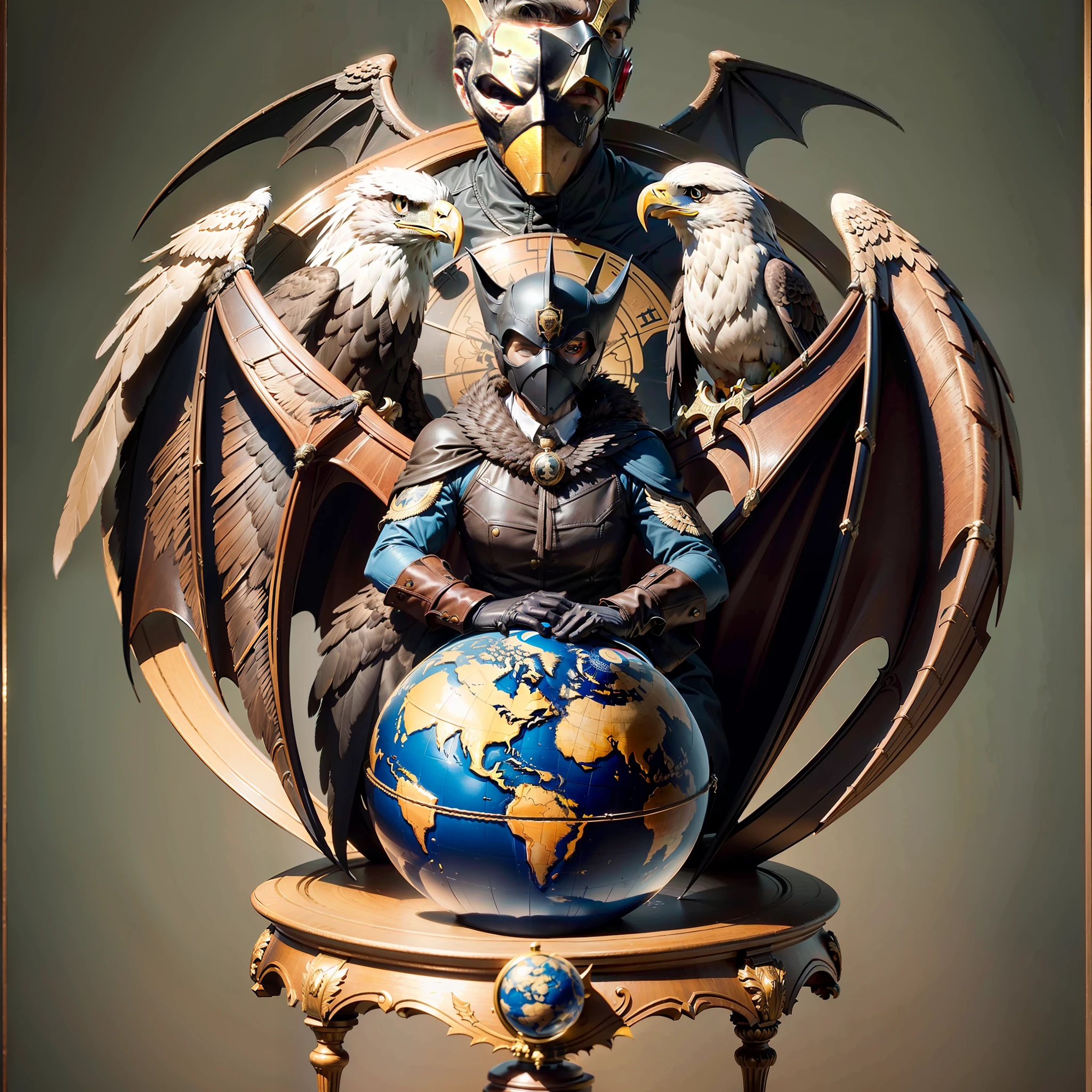 Best quality, masterpiece, ultra high res, (photo realistic:1.4), interior background of antique mansion, object with an eagle on a globe, image of an old British gentleman wearing a bat cyber mask ((one eye covered by a cybermask in the shape of a bat wing)), Batman style, (((slender body)), ((Luxurious bat ornaments)), black leather gloves, beings who sold their souls to the devil, icon painting with an eagle on a globe