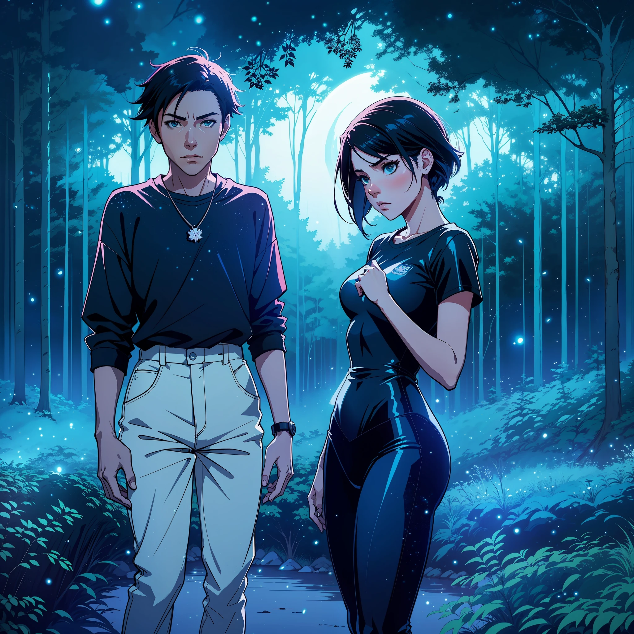 teenage girl, amidst the woods, standing on an ancient rock, perfect body, beautiful face ,night, blue moon, dense forest, ultra high quality, fireflies, magical, mysterious, love, romantic, blue moon, photo realistic, silhouette, ultra hd, fireflies in the background people standing in the woods artwork in the style of guweiz, anime lush john 8k woods, makoto shinkai and tom bagshaw, makoto shinkai cyril rolando, guweiz and makoto shinkai, sakimichan and makoto shinkai, ross tran and makoto shinkai