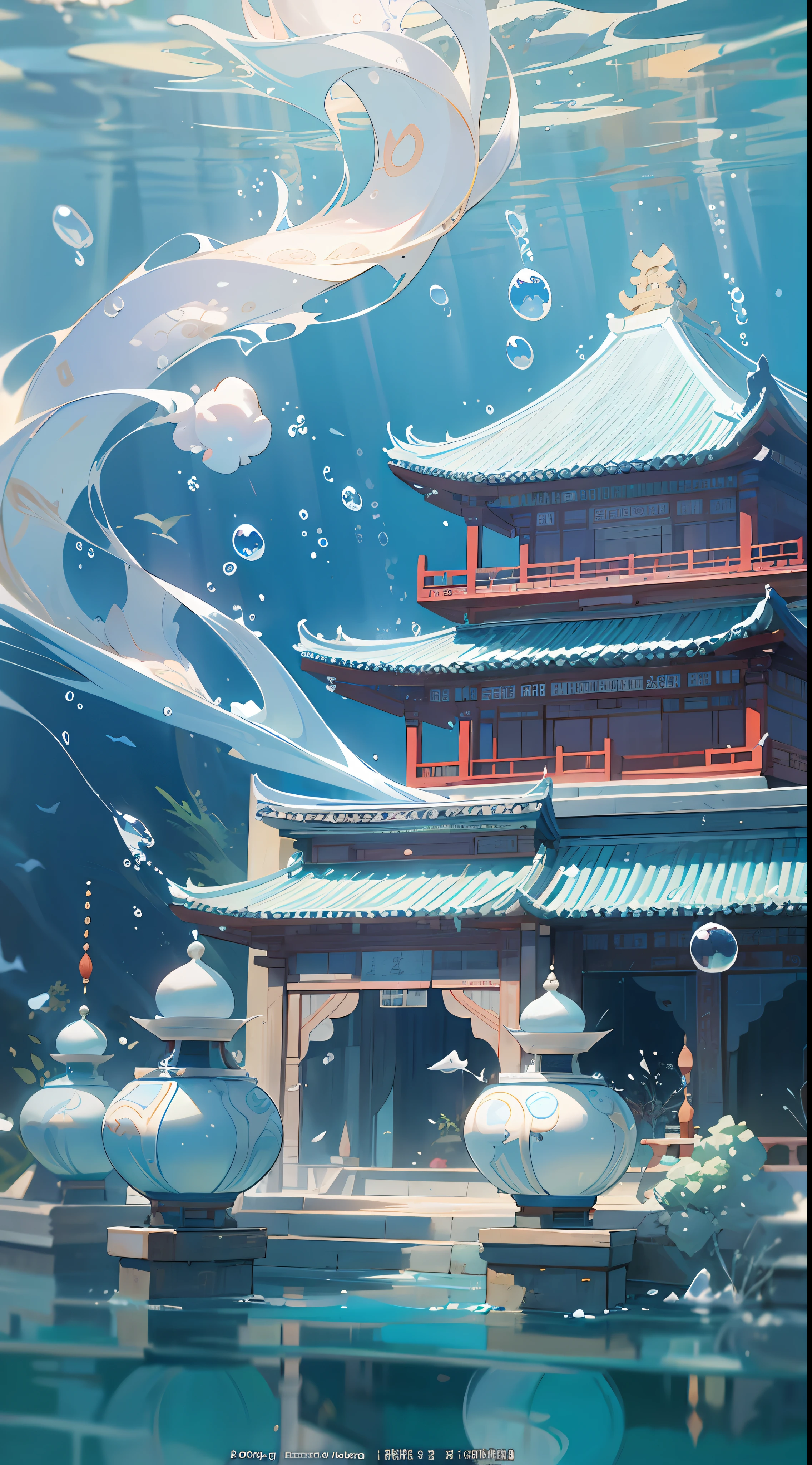 Ancient Chinese Palace, White Jade Palace Under the Sea, Underwater, Bubbles, Currents, Splashing Splashes, (Illustration: 1.0), Epic Composition, Natural Light, HD Details, Masterpiece, Best Quality, (Very Detailed CG Unified 8k Wallpaper)