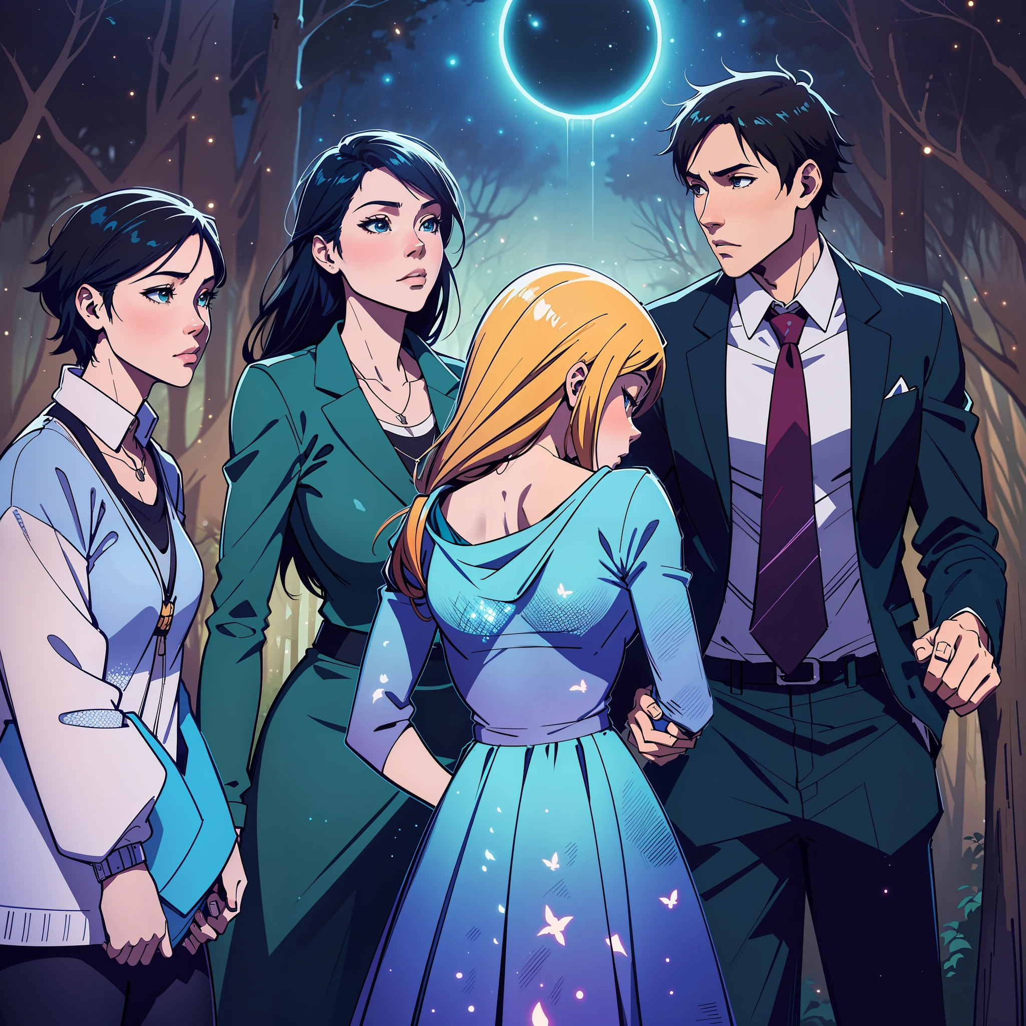 teenage girl, amidst the woods, standing on an ancient rock, perfect body, beautiful face ,night, blue moon, dense forest, ultra high quality, fireflies, magical, mysterious, love, romantic, blue moon, photo realistic, silhouette, ultra hd, fireflies in the background people standing in the woods holding hands, artwork in the style of guweiz, anime lush john 8k woods, makoto shinkai and tom bagshaw, makoto shinkai cyril rolando, guweiz and makoto shinkai, sakimichan and makoto shinkai, ross tran and makoto shinkai