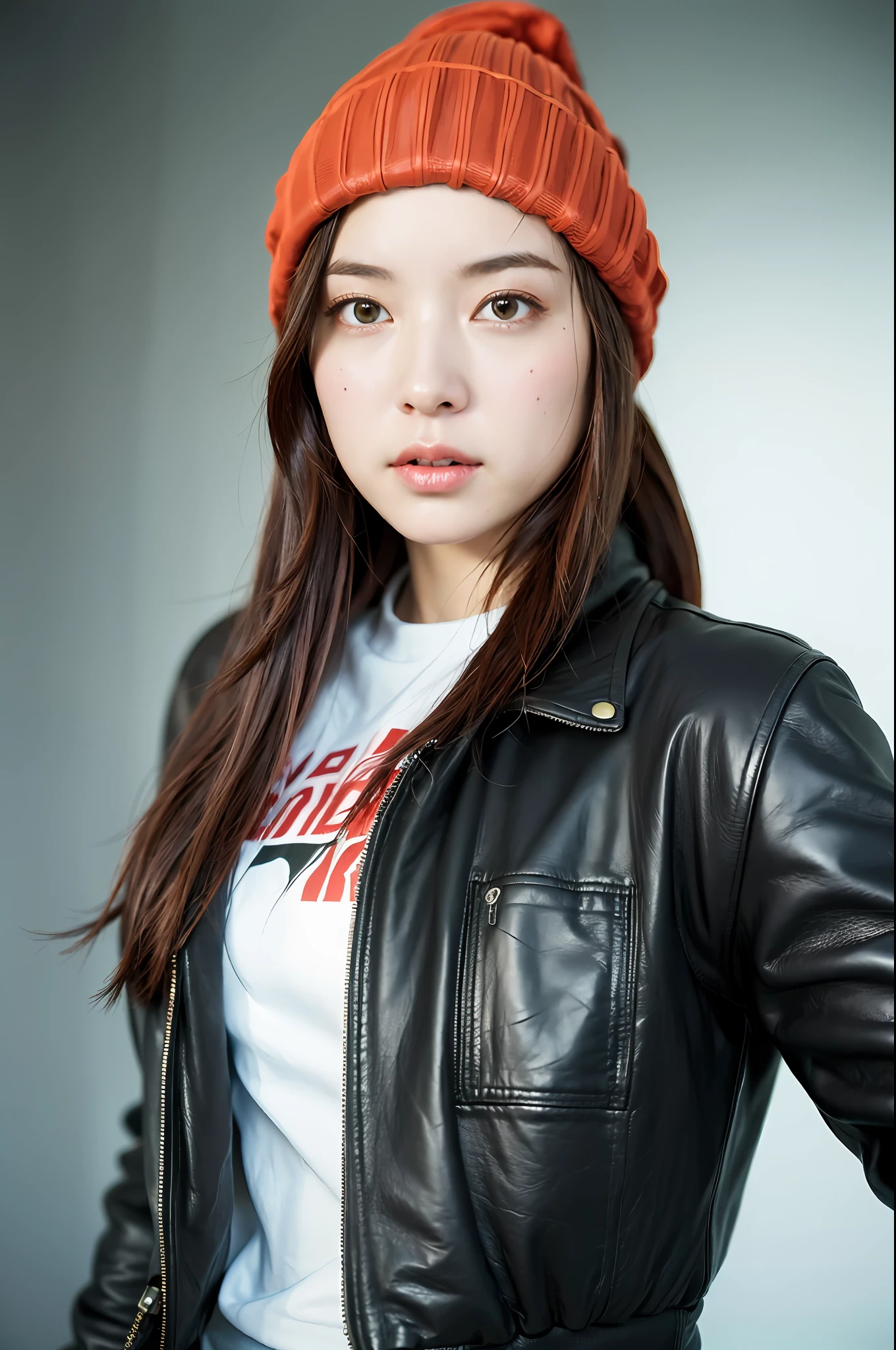 (
(8k:1.27), best quality, masterpiece, ultra highres:1.2) Photo of Pretty Japanese woman
 (beautiful:1.1) (sci-fi warrior woman:1.1) space soldier, (beanie:1.61) (leather jacket:1.21) intricate elegant, fantasy, detailed, ometric by greg rutkowski and alphonse mucha, gradient lighting