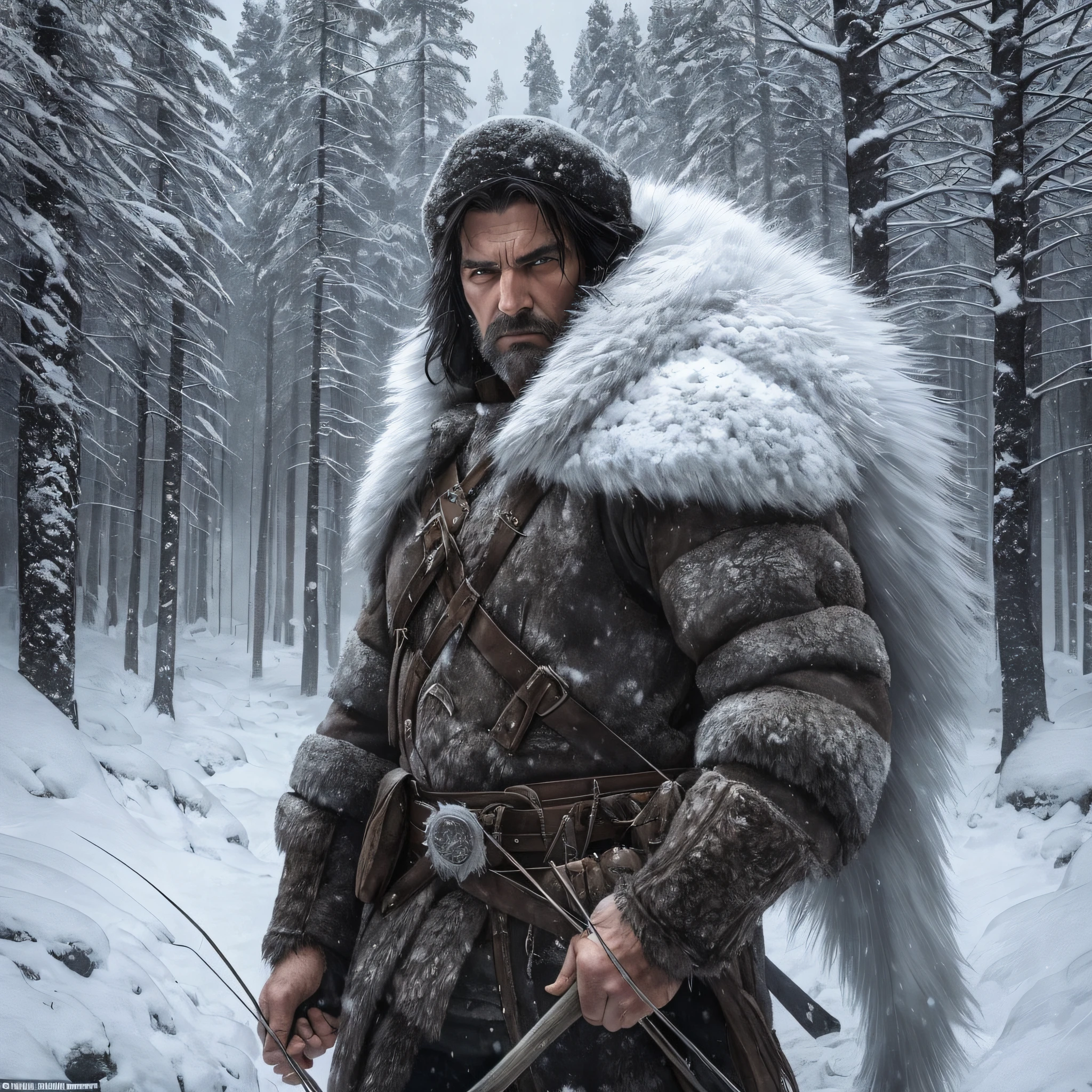 The winter forest is taken over by an atmospheric and intense atmosphere when the 48-year-old hunter man enters the scene. His white wolf outfit symbolizes his connection to the wild environment, while his expressive and angry gaze evokes a feeling of strong strength. His black hair contrasts with the cold, desolate landscape as he wields a bow and arrow masterfully. The image is a realistic and highly detailed depiction, creating an immersive atmosphere that captures the essence of wild winter --auto --s2
