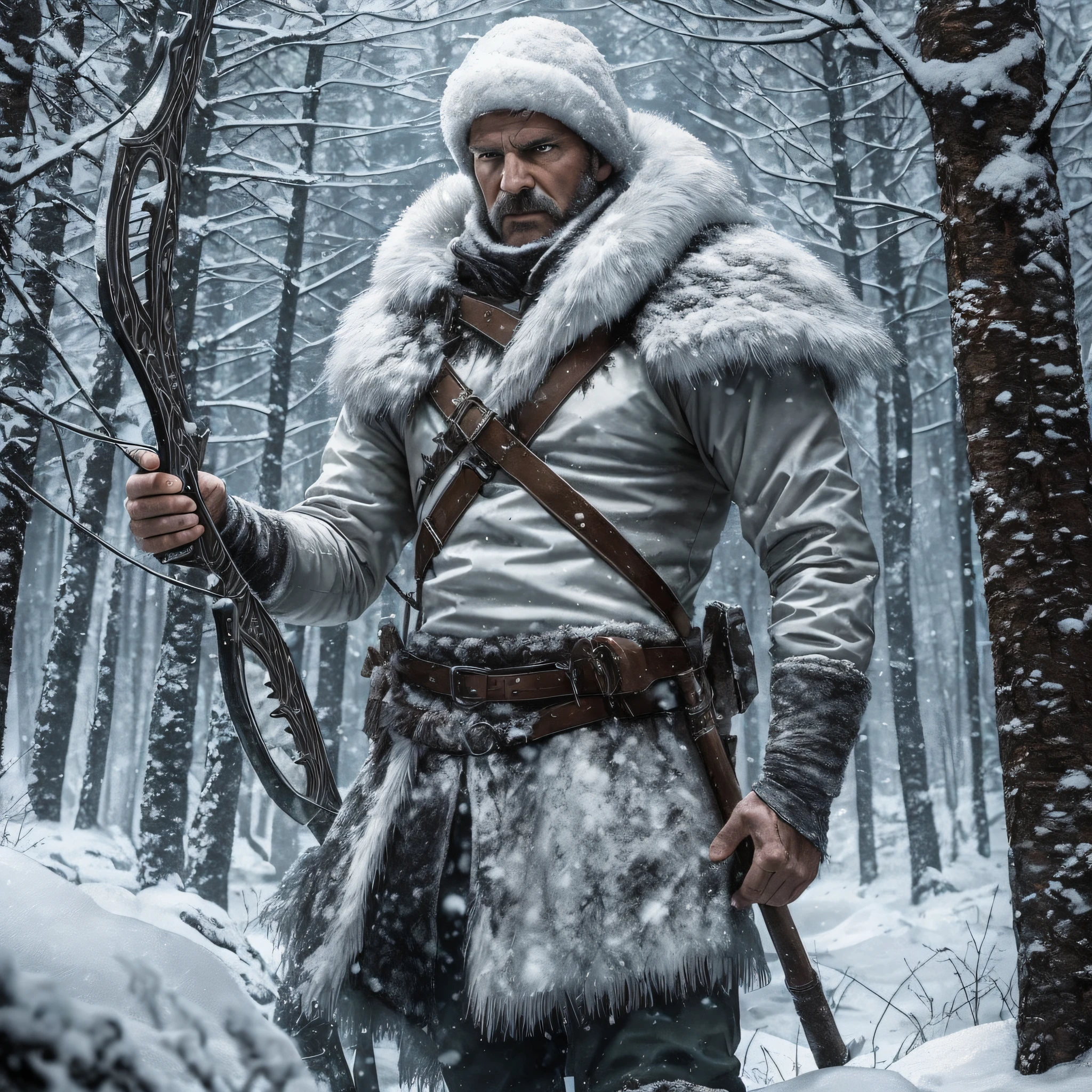 The winter forest is taken over by an atmospheric and intense atmosphere when the 48-year-old hunter man enters the scene. His white wolf outfit symbolizes his connection to the wild environment, while his expressive and angry gaze evokes a feeling of strong strength. His black hair contrasts with the cold, desolate landscape as he wields a bow and arrow masterfully. The image is a realistic and highly detailed depiction, creating an immersive atmosphere that captures the essence of wild winter --auto --s2