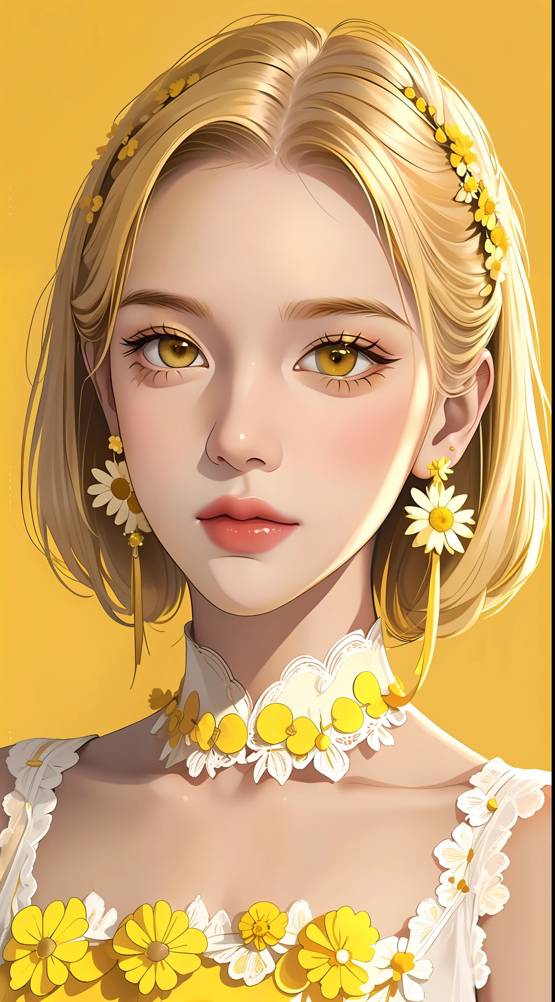 Highest quality, masterpiece, a girl, short yellow hair, slightly curly hair, yellow earrings, collar, (yellow and white clothing), (delicate hair portrayal), (delicate yellow eye portrayal), (delicate facial features), solo, (small daisies), portrait depiction, solid color background, brokenness