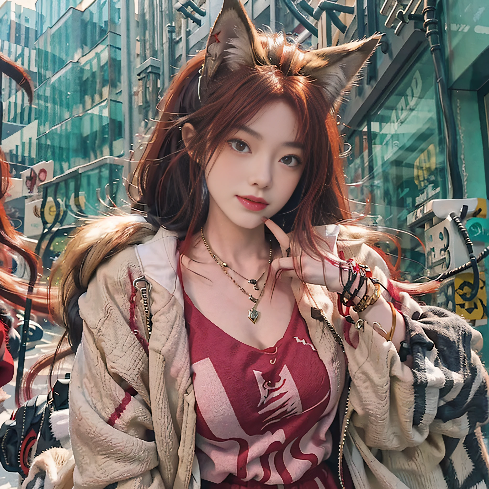 Wolf girl, red hair, wolf tail, wolf ears, necklace, anklet, tattoo, young, trench coat, golden eyes, fangs, bracelet, street, muscle