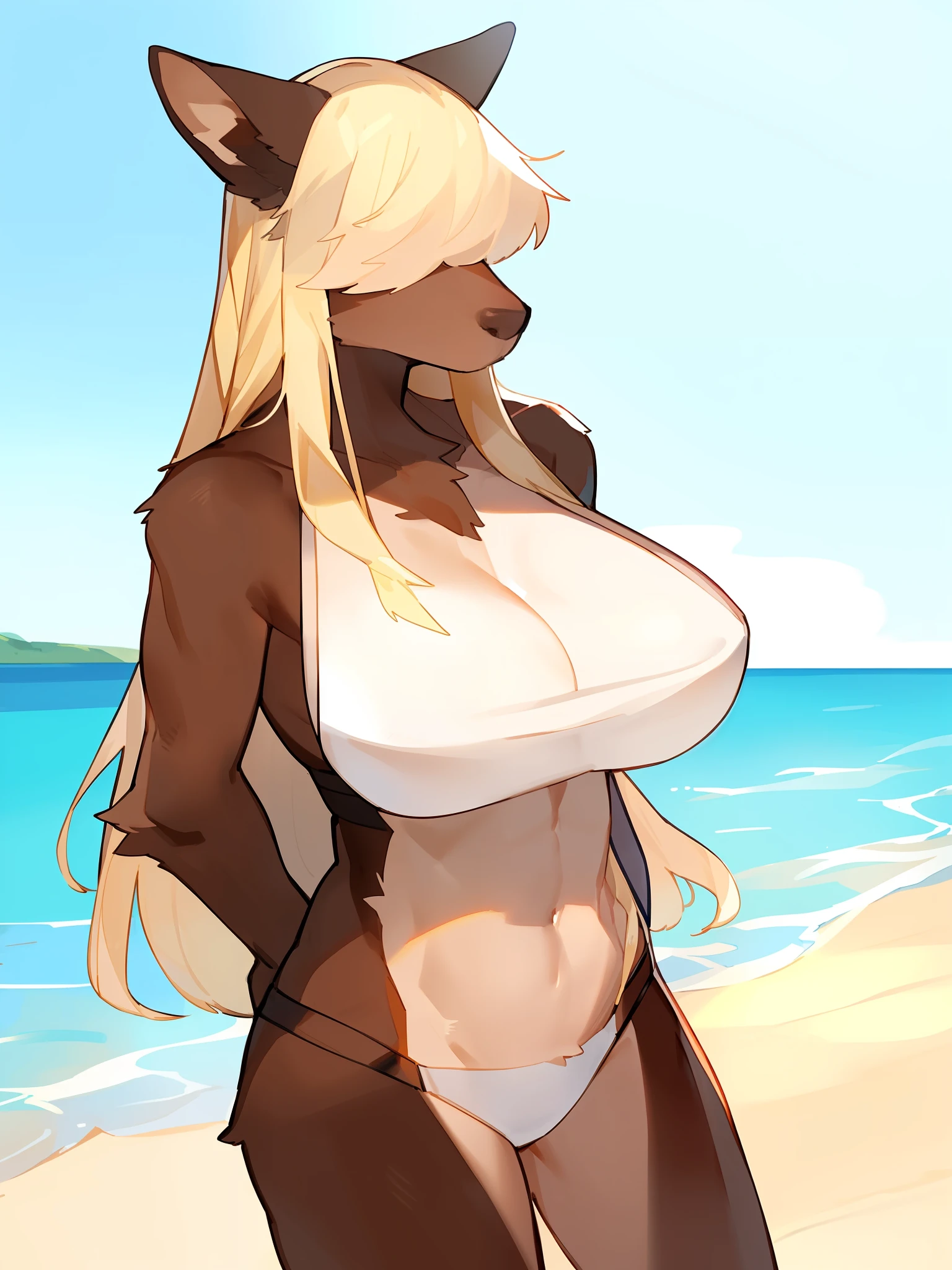 Hair over eyes, female, solo, (((snout))), canine, thin nose, thin snout, pointy snout, big breasts, lean, athletic, tall, blonde hair, long hair, dark brown fur, dark brown body, lighter belly fur, standing, facing ciewer, beach, water, by bebebebebe