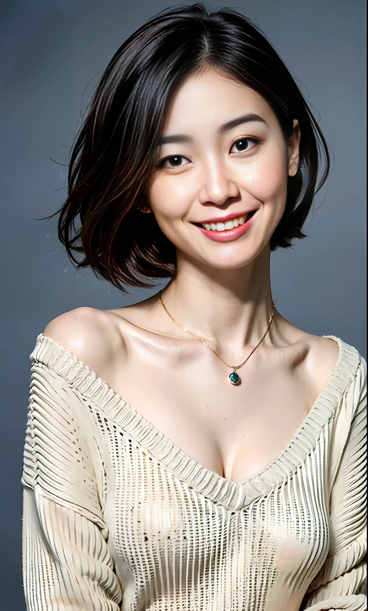 (Best quality, 8k, 32k, Masterpiece, UHD:1.2),Pretty korean woman photo, big breasts, very short short hair, upper body,(oversized_sweater,:1.1) necklace, simple background, tour, smile