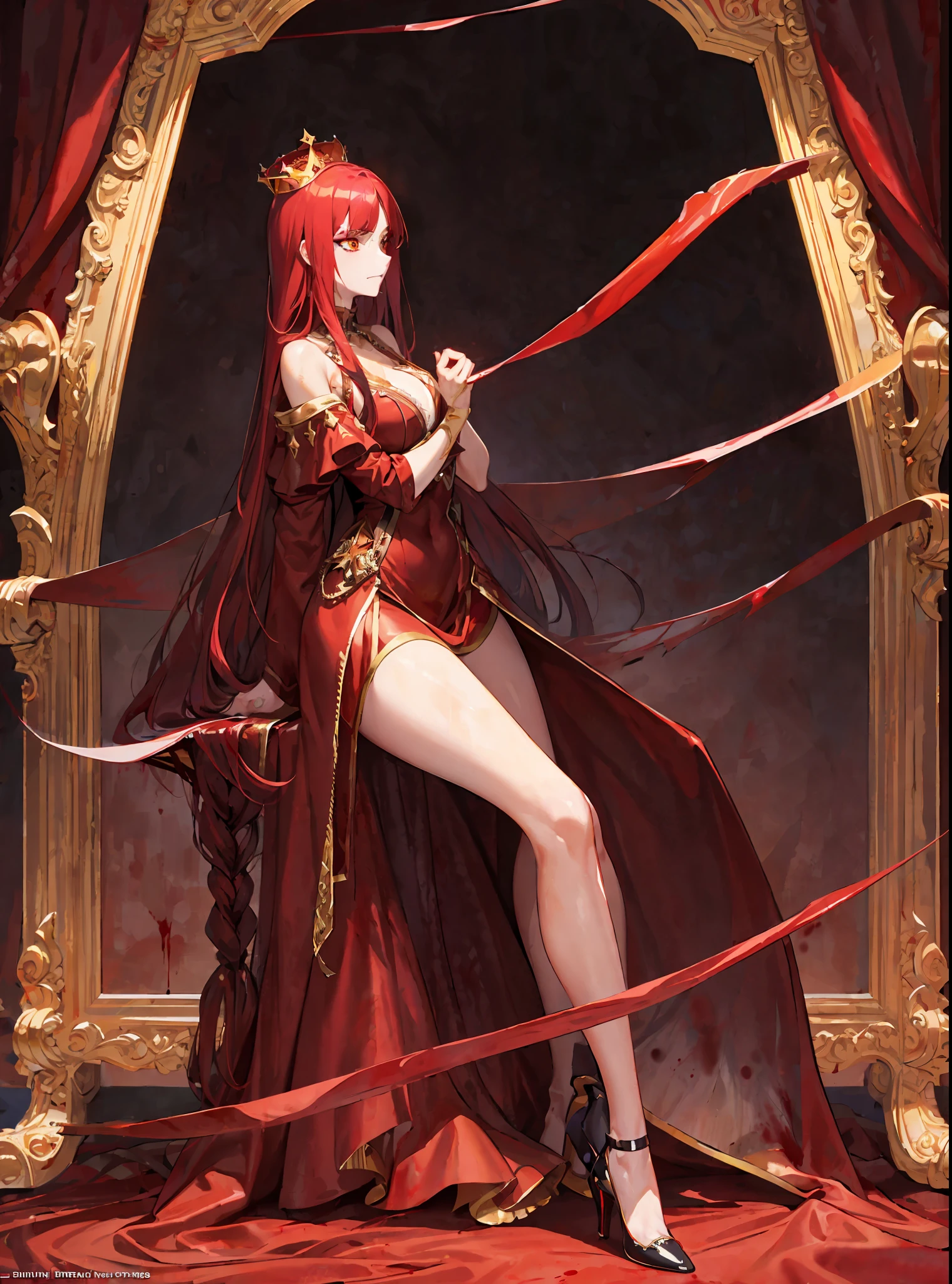 (masterpiece, best quality) an adult woman with very long red hair, ((evil)), short dress, ((golden dress)), black bows, ((crown)), ((queen)), long stockings, ((sequins)), ((shine)), bare legs, ((blood)), palace, braids, good anatomy, correct proportions, heels, profile, queen, yellow eyes, serious, mysterious appearance, blood, emotionless, straight bangs, very long red hair, evil, (yellow eyes), gothic,  medium chest, ((blood-stained skin)), cinematics, color oil painting, ((solo)), cinematic lighting, extremely detailed face, finely detailed face, beautiful face, beautiful eyes, perfect lighting, depth of field, realistic proportions, ((good anatomy)), long coat