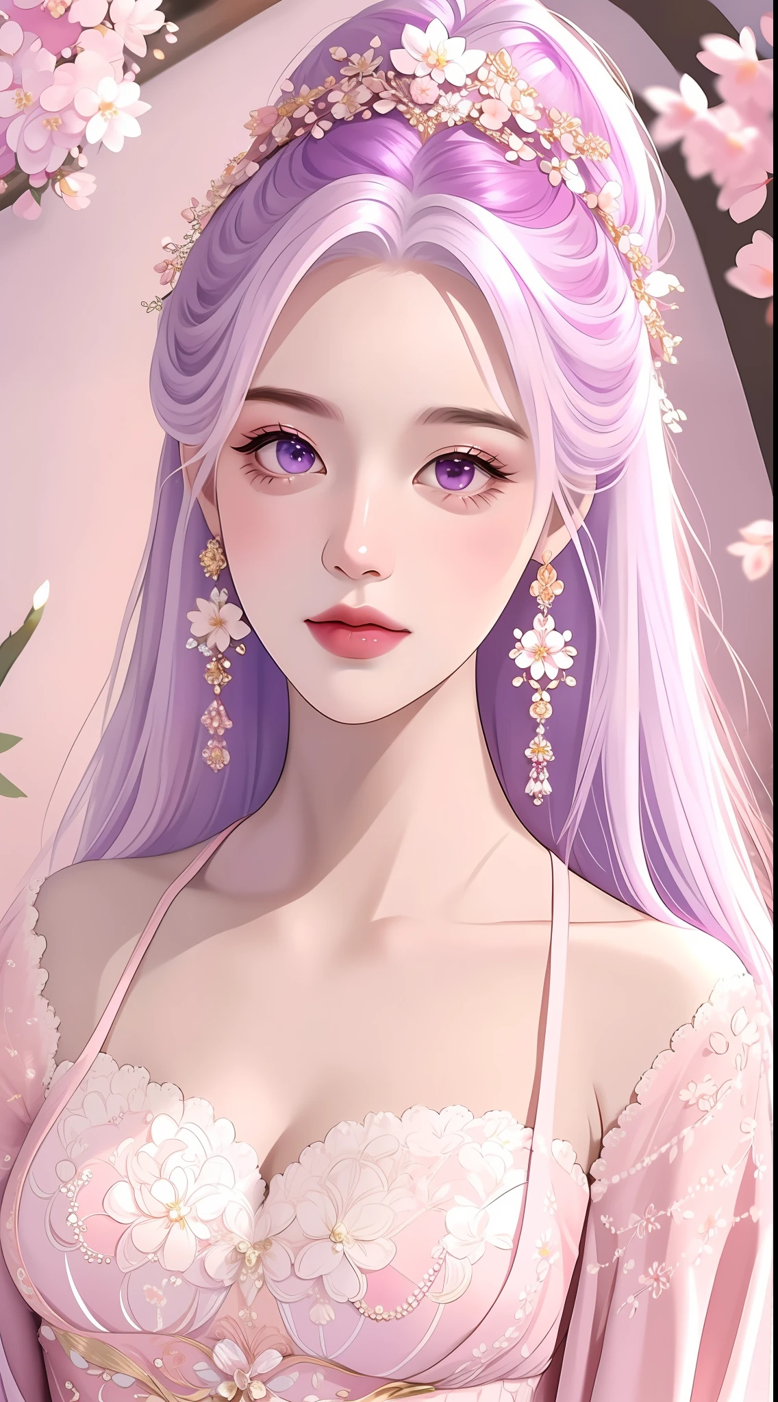The highest quality, masterpiece, exquisite CG, white hair antique girl, delicate and complex hair accessories, wearing exquisite and gorgeous pink and purple costumes, highlight, withering peach blossom petals, absolutely beautiful, charming, perfect, ultra-clear, 16k, HD