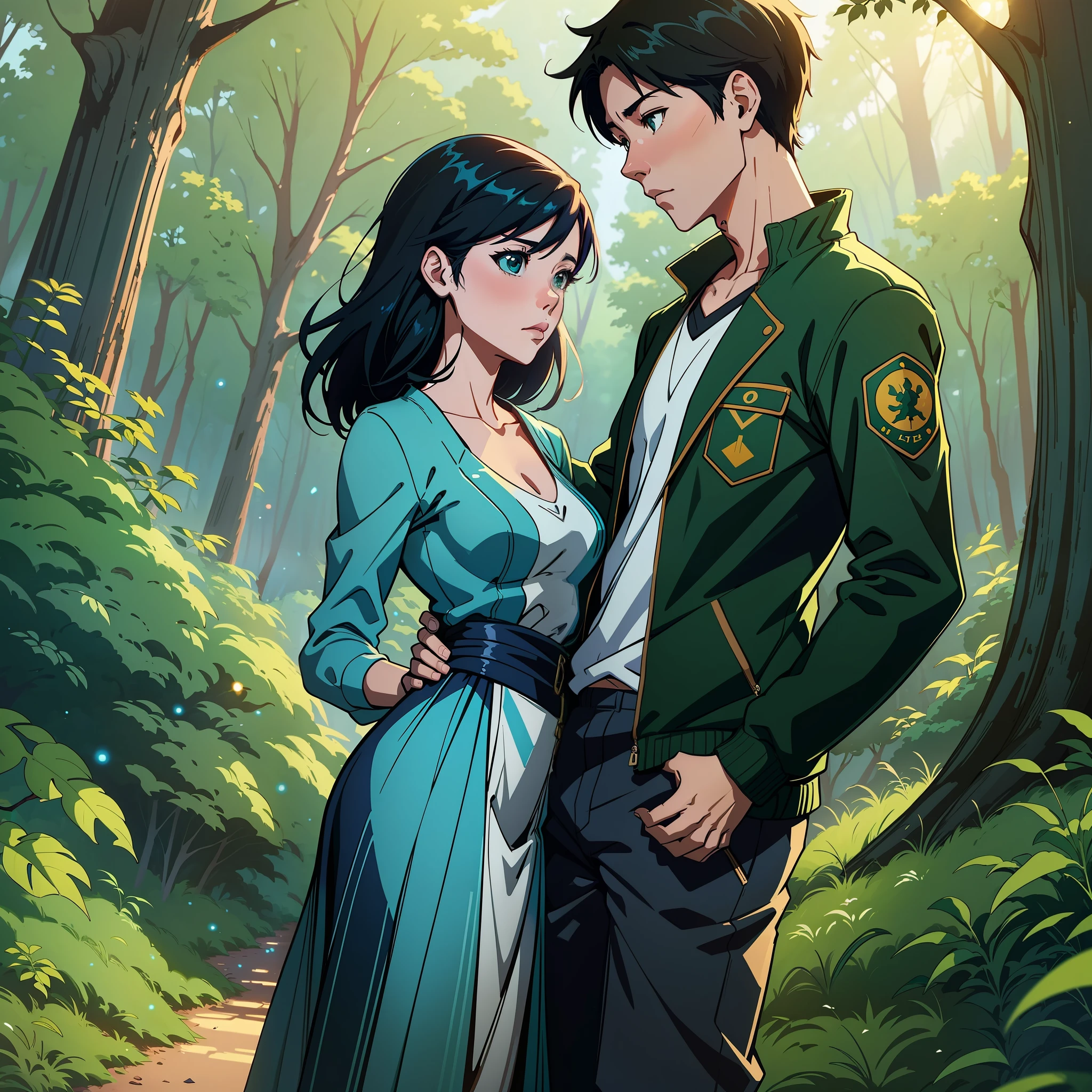 A girld and aboy, standing in the woods holding hands, artwork in the style of guweiz, anime lush john 8k woods, makoto shinkai and tom bagshaw, makoto shinkai cyril rolando, guweiz and makoto shinkai, sakimichan and makoto shinkai, ross tran and makoto shinka