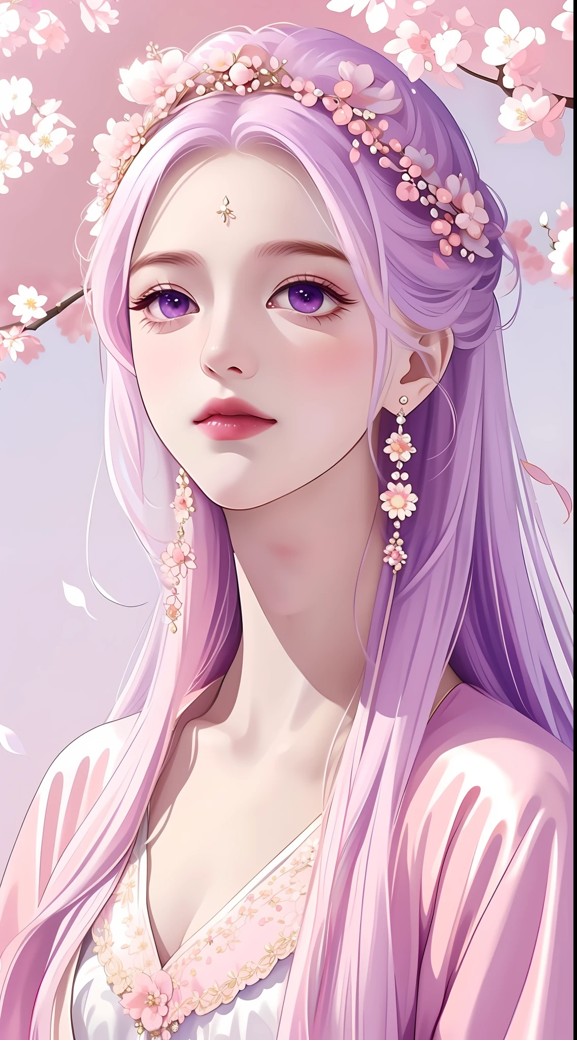 The highest quality, masterpiece, exquisite CG, white hair antique girl, delicate and complex hair accessories, wearing exquisite and gorgeous pink and purple costumes, highlight, withering peach blossom petals, absolutely beautiful, charming, perfect, ultra-clear, 16k, HD