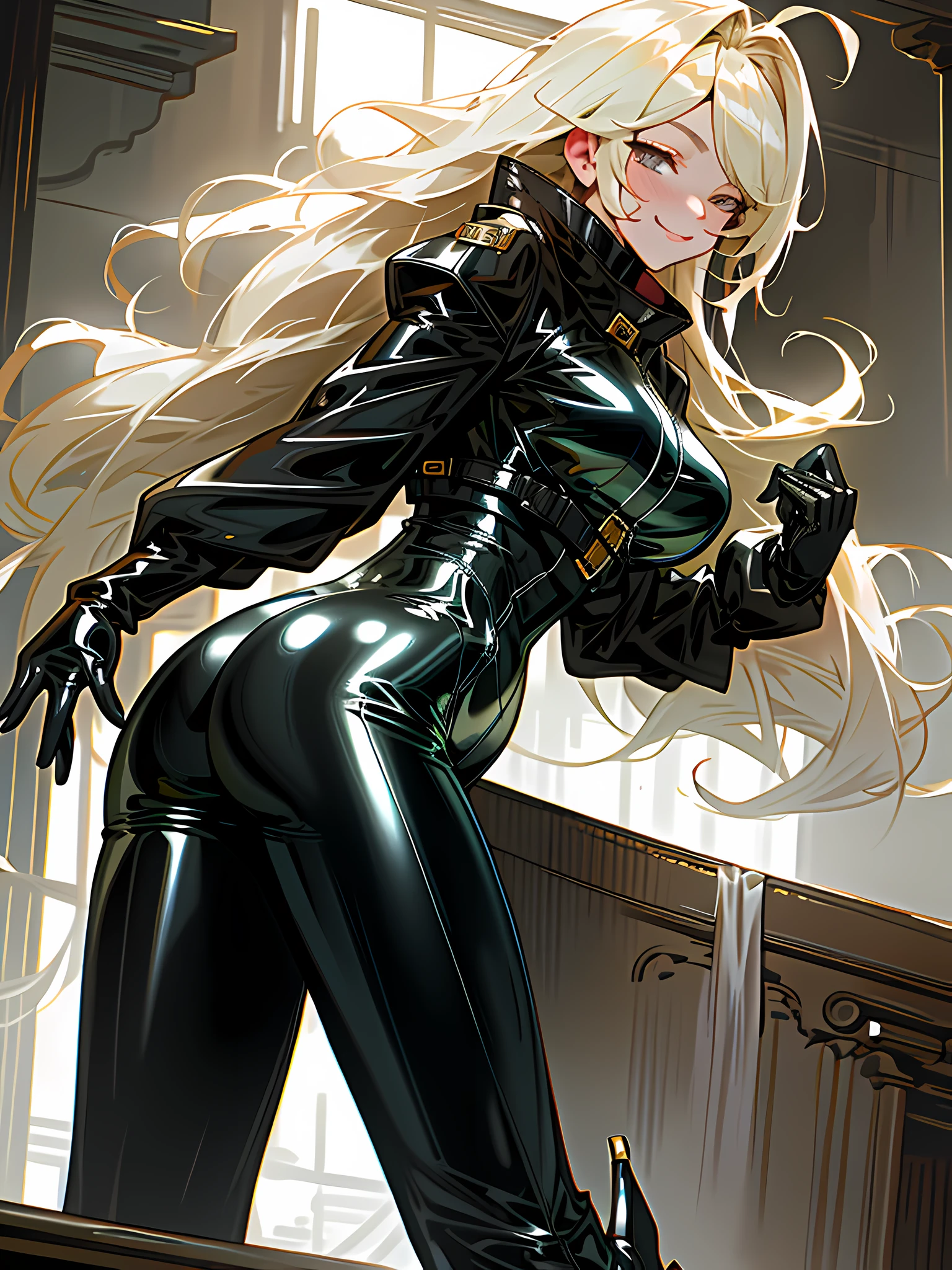 a young girl,beauty,tight latex clothing,masterpiece,busty breasts,plump buttocks,blonde messy long hair,girlish,shiny eyes,bright smile,slim,shiny high heels,panoramic,focus on lower body,leather gloves,straight nose,in the dark torture room,beautiful girl,Sexy,sense of reality,8k,high definition,high quality,