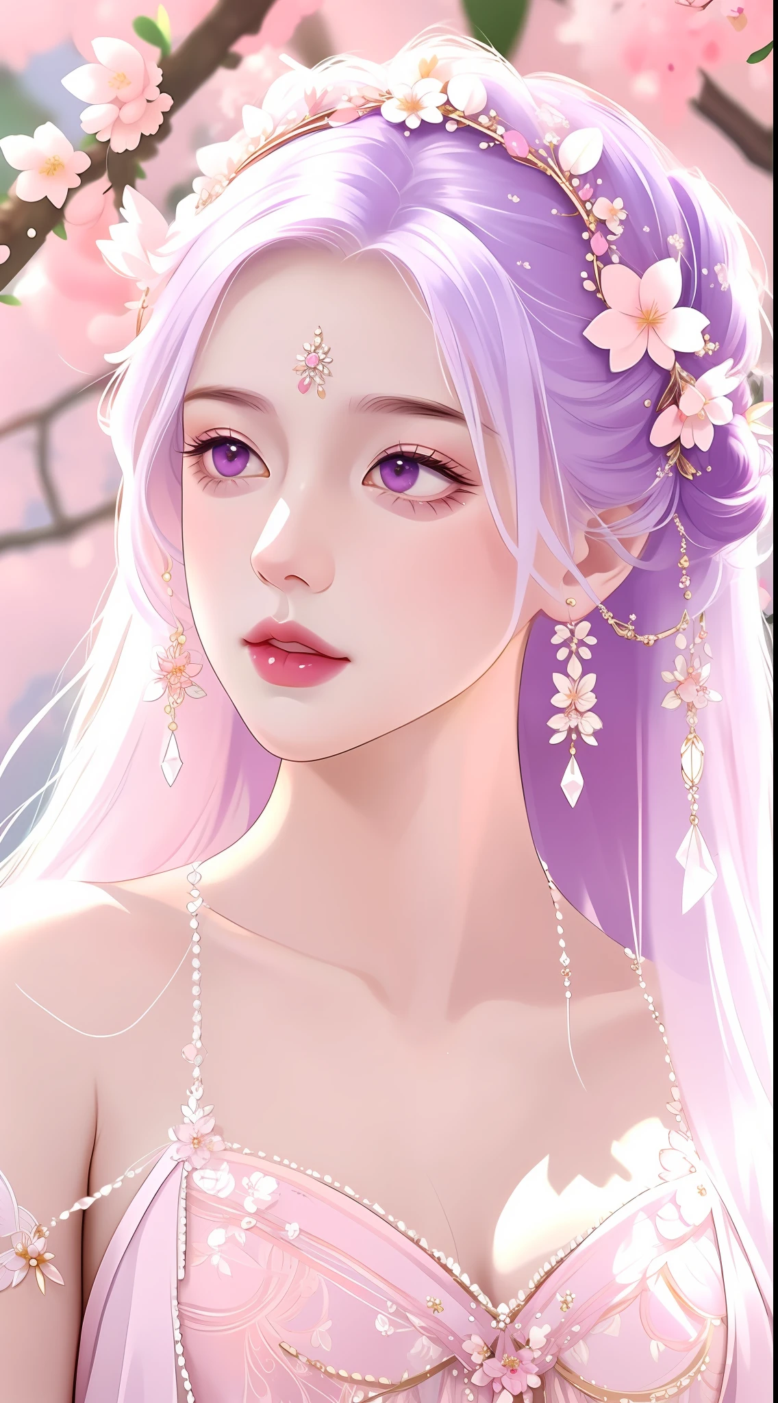 The highest quality, masterpiece, exquisite CG, white hair antique girl, delicate and complex hair accessories, wearing exquisite and gorgeous pink and purple costumes, highlight, withering peach blossom petals, absolutely beautiful, charming, perfect, ultra-clear, 16k, HD