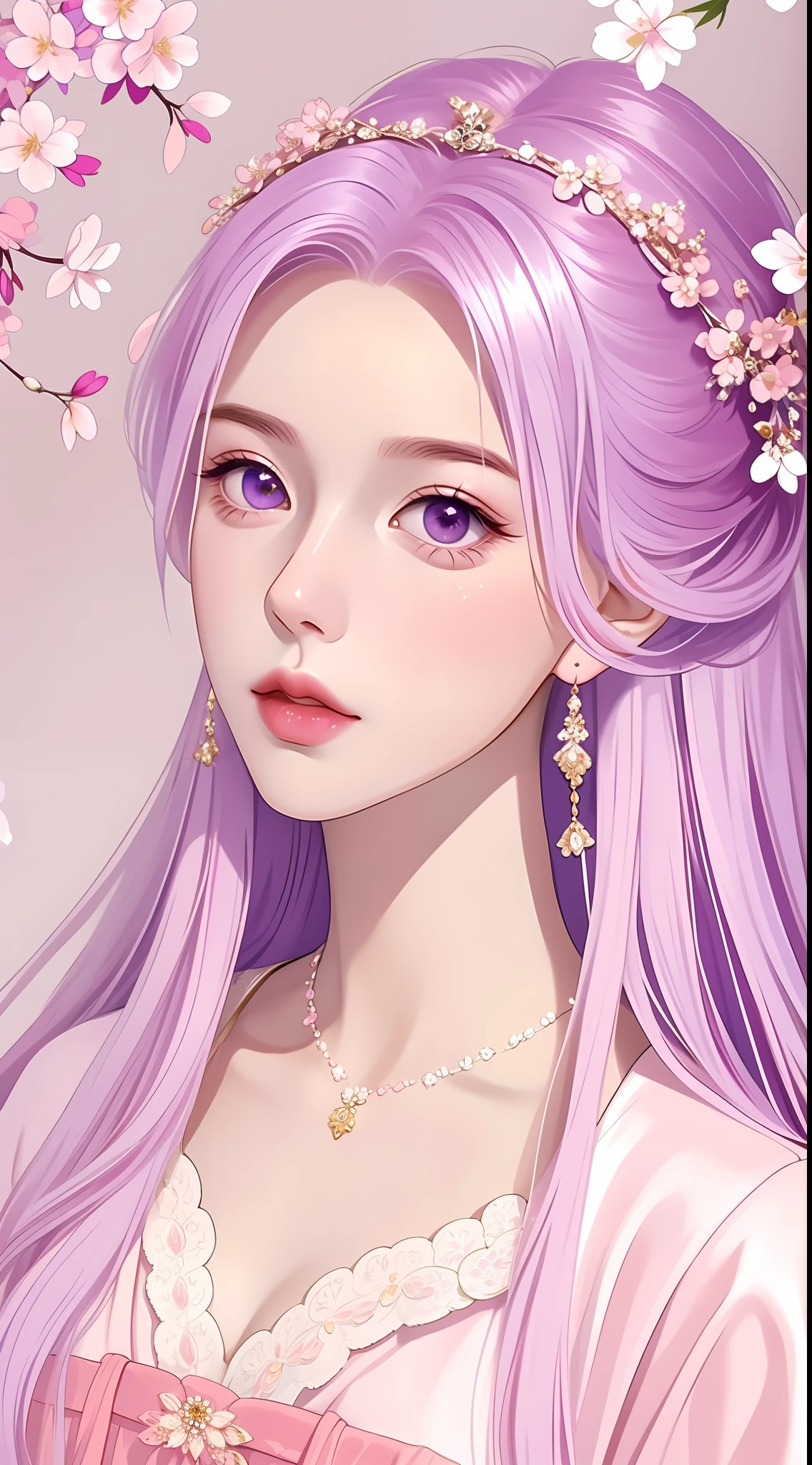 The highest quality, masterpiece, exquisite CG, white hair antique girl, delicate and complex hair accessories, wearing exquisite and gorgeous pink and purple costumes, highlight, withering peach blossom petals, absolutely beautiful, charming, perfect, ultra-clear, 16k, HD