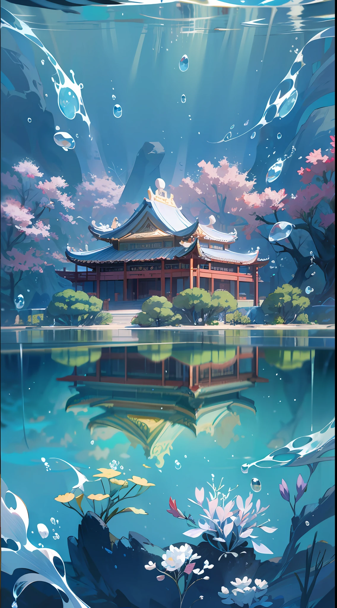 Ancient Chinese Palace, White Jade Palace Under the Sea, Underwater, Bubbles, Currents, Splashing Splashes, (Illustration: 1.0), Epic Composition, Natural Light, HD Details, Masterpiece, Best Quality, (Very Detailed CG Unified 8k Wallpaper)