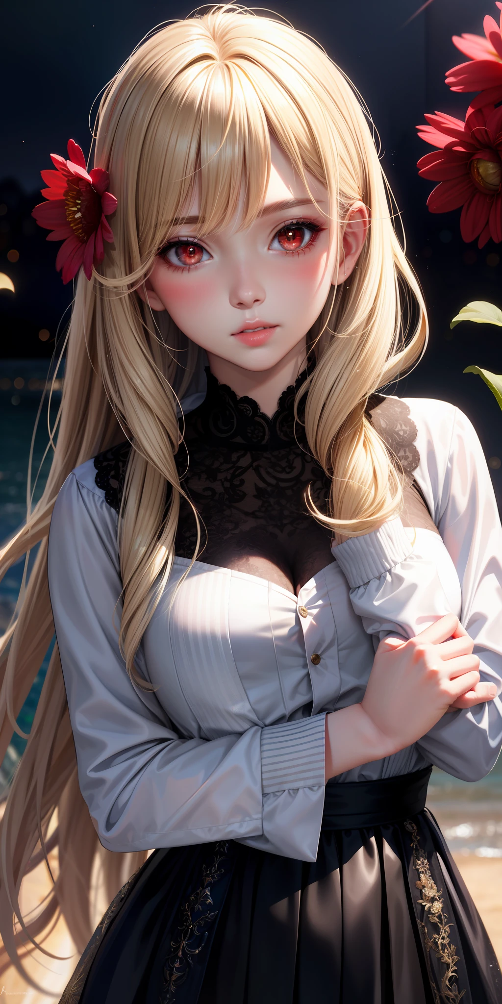 realistic, girl one, blonde, red eyes, shining eyes, parted lips, blush, night, flower, sun, sunlight,