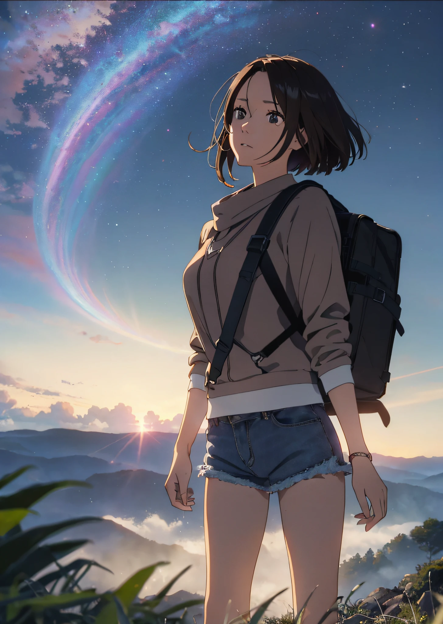 (beautiful and magnificent skyline, majestic sky), (extremely tense and dramatic pictures, moving visual effects), (high hanging Polaris, colorful natural light), (1girl), (long-sleeved top, denim shorts, carrying a backpack), (dynamic pose:1.3, black eyes, black hime-cut hair, sparkling girl)[:0.8], (large grassland), (oncoming breeze), (brown hair and background Coordination effect: 1.2), (close shot, long shot mix and match)[::0.9]