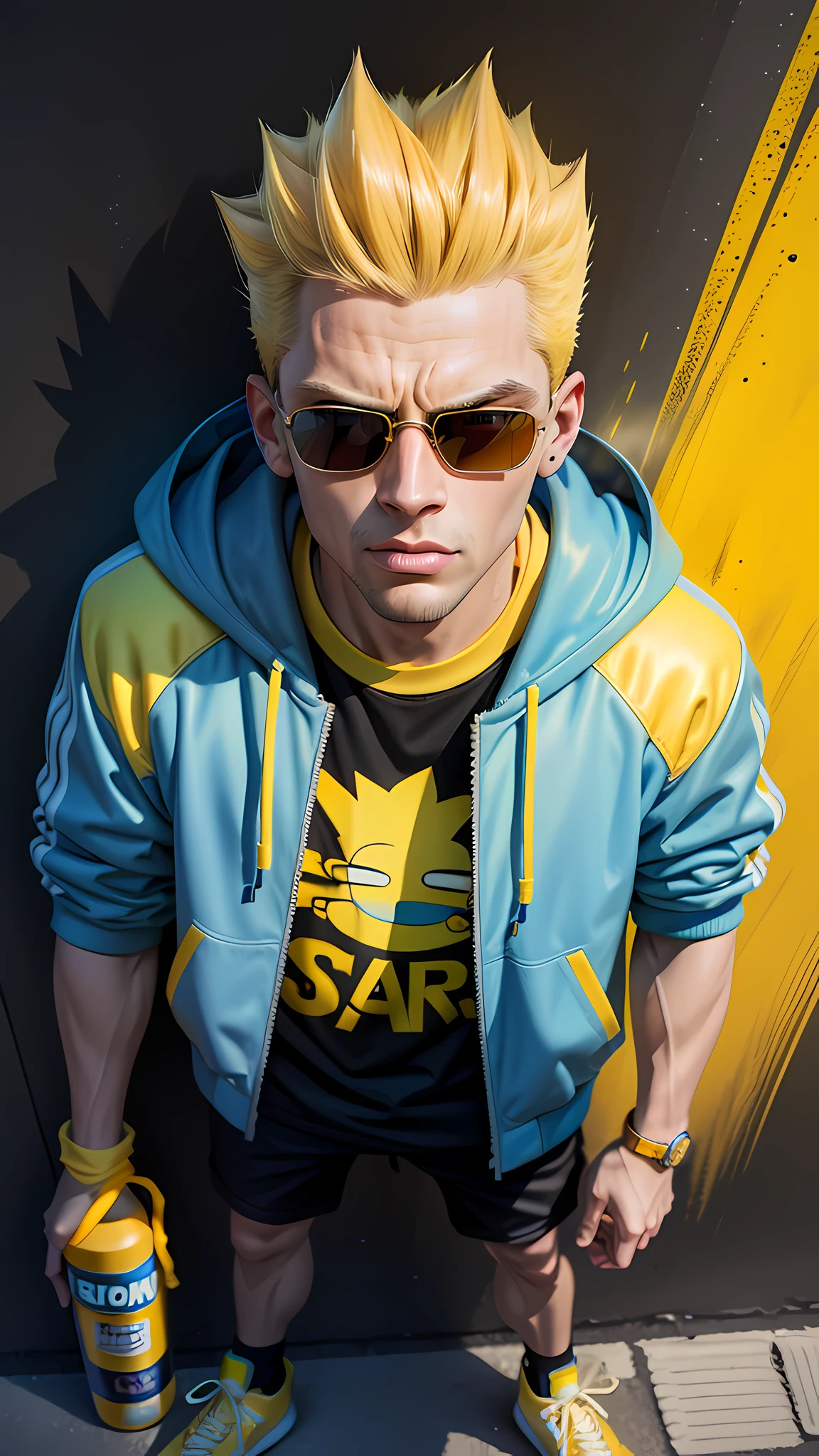 Bart Simpson, cartoon, (4k resolution), (ultra realistic), Bart Simpson with jacket, Bart Simpson with sunglasses, low haircut, street scenery, holding spray paint, night room