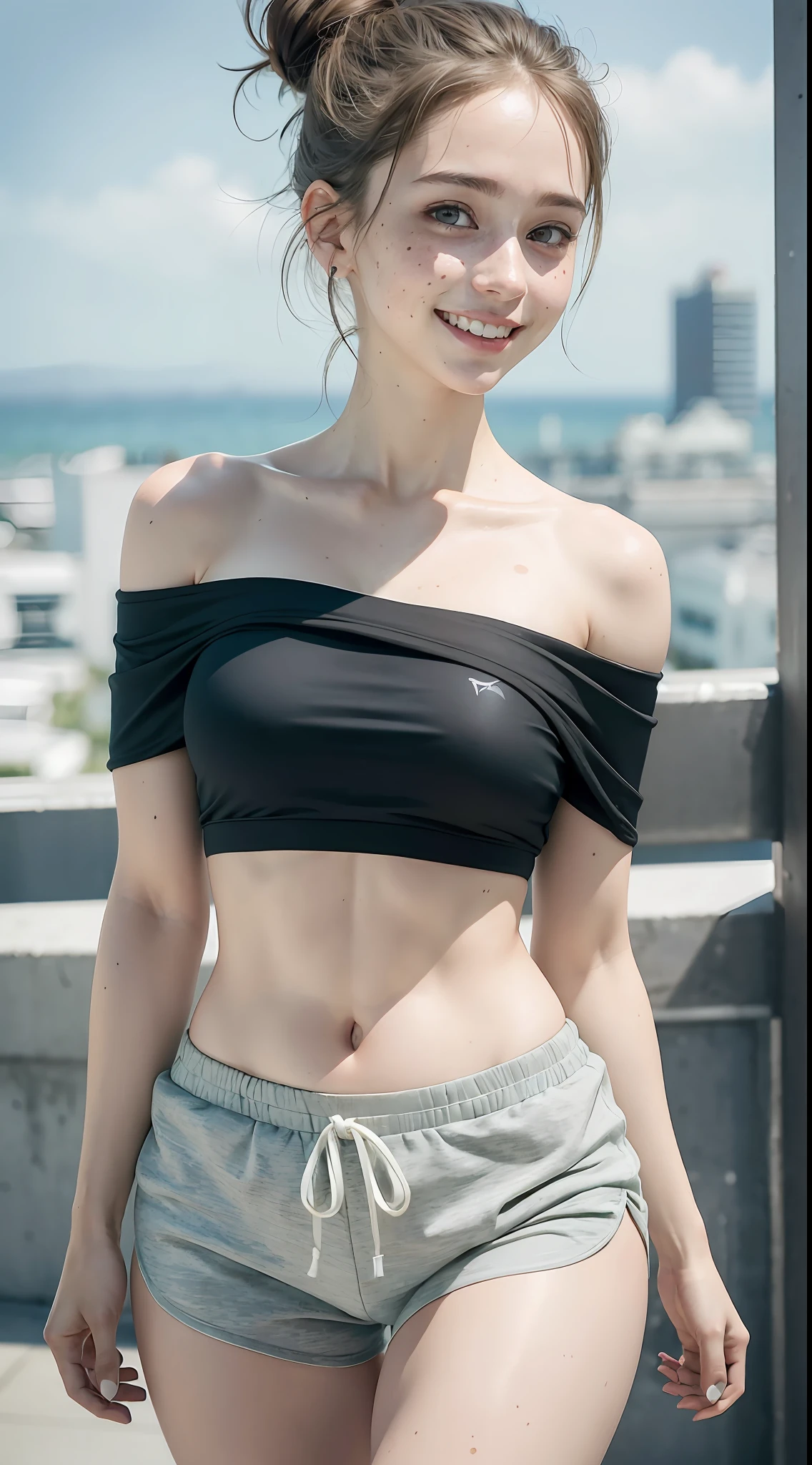 Raw photo, candid, textured skin, (dynamic pose), off-shoulder tee, (gym shorts), 1girl, slender body, pale skin, messy bun, heterochromia, freckles, smiling, thick thighs, (wide thigh gap:1.2), rooftop, photorealistic, best quality, 8k, masterpiece
