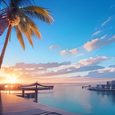 (((Sea view))), picture-like and realistic, reflecting the enchanting sunset. Scenes include, but are not limited to: shimmering orange, pink, and white boats floating on the skyline, transparent waters kissing the coastline, and white clean sand beaches as far as the eye can see. The scene is dynamic and breathtaking, with seagulls soaring high in the sky and palm trees gently swaying. Provide feelings and views: immerse yourself in the tranquility and let it surround you. Master works, 16, high detail --auto --s2
